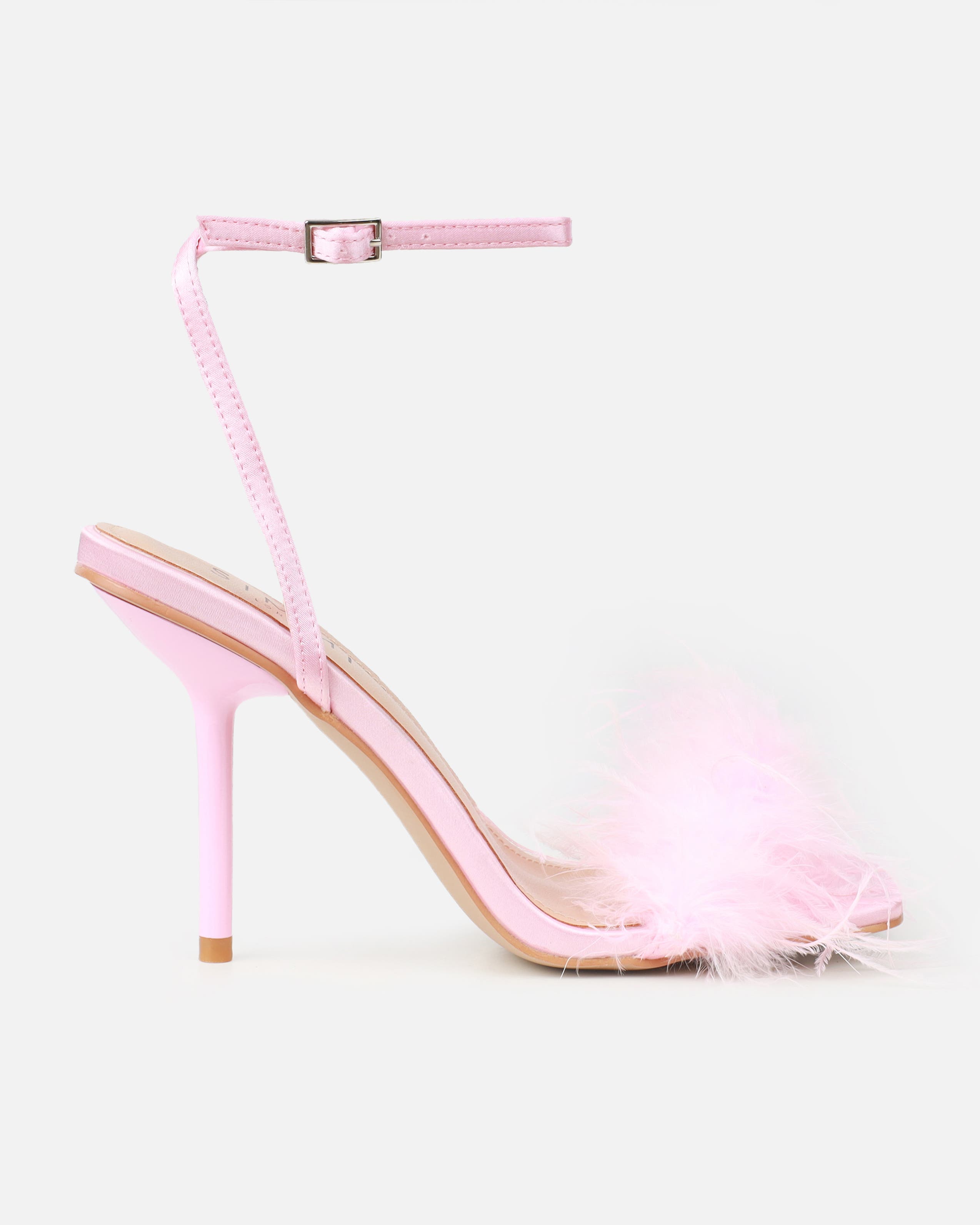Sweets Baby Pink Satin Fluffy Heels | SIMMI London