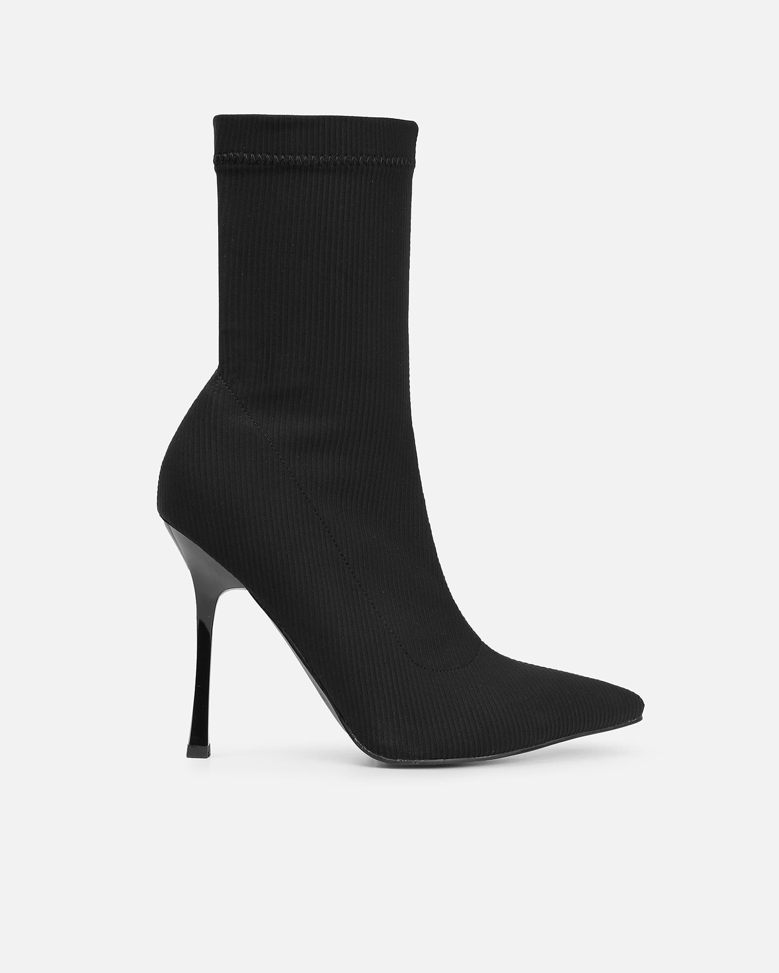 Huntley Black Ribbed Stretch Heeled Boots | SIMMI London