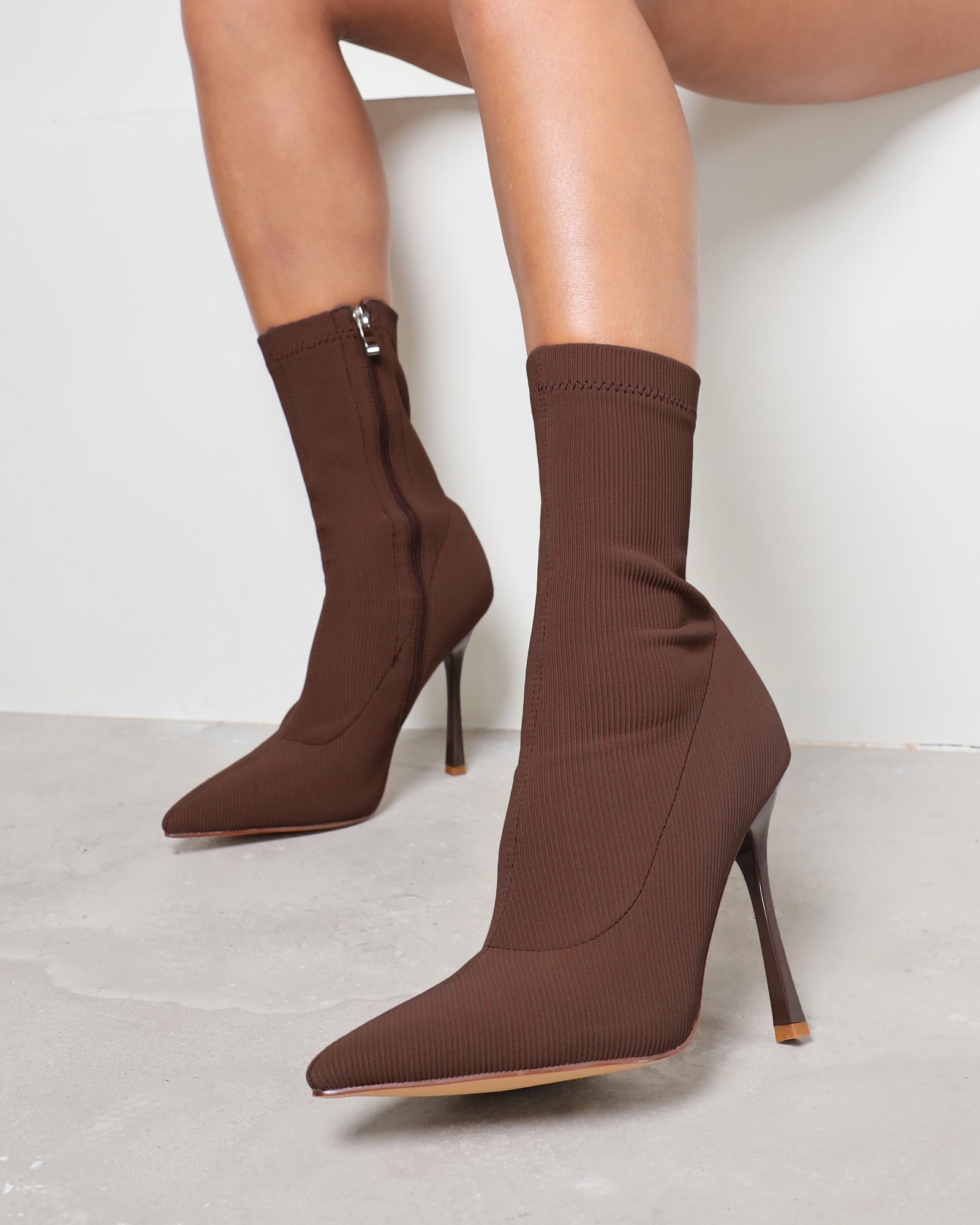 Huntley Chocolate Brown Ribbed Stretch Heeled Boots SIMMI London