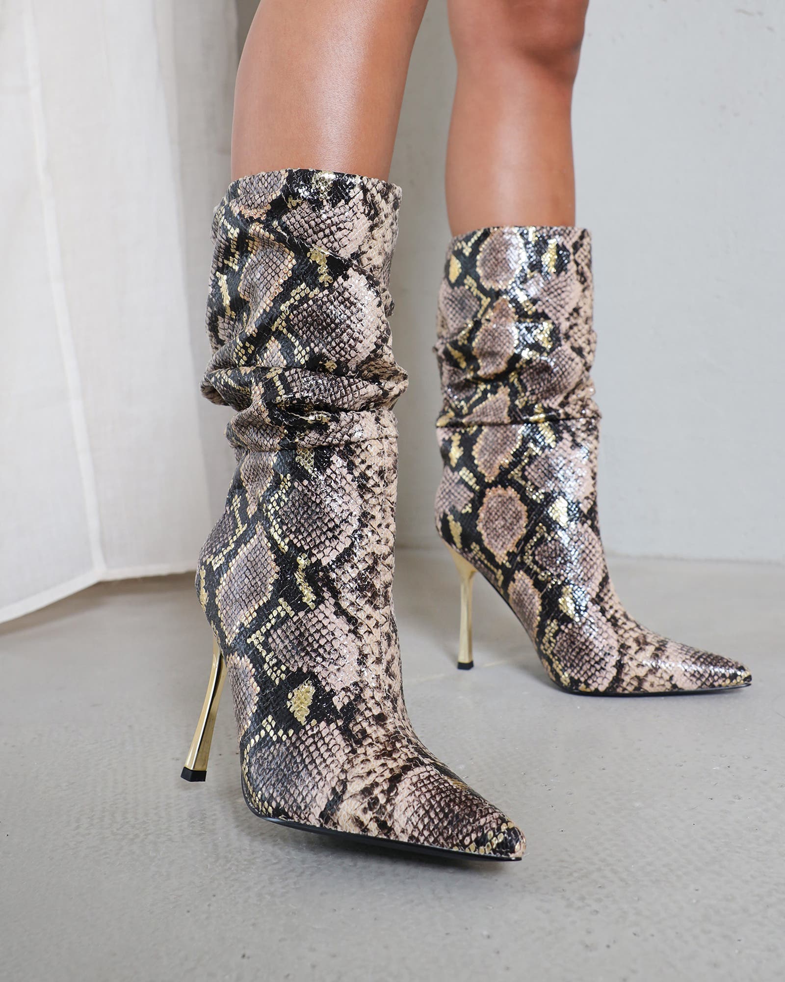 Brette Beige Snake Effect Ruched Heeled Boots | SIMMI London