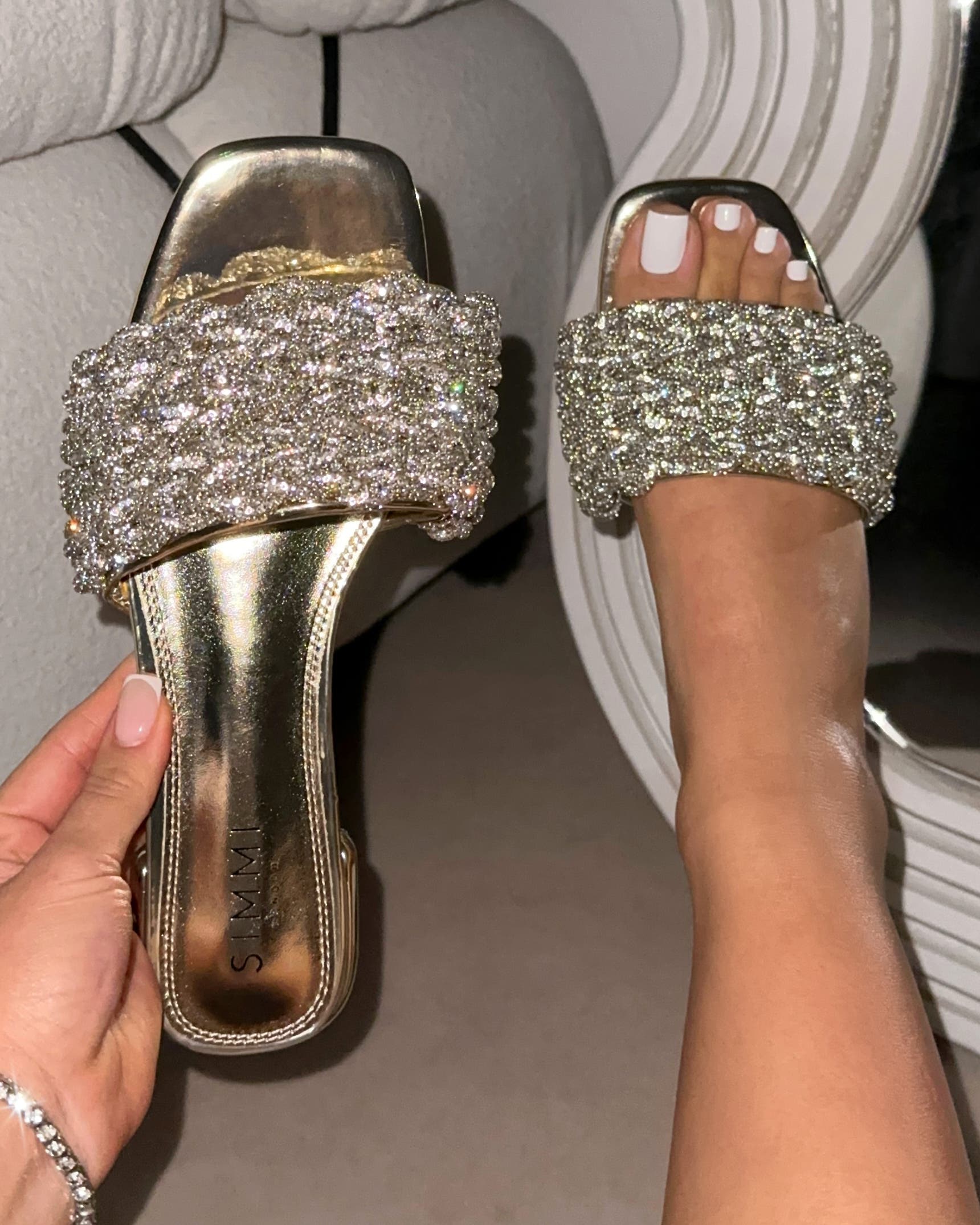 Pariss Gold Mirror Diamante Sliders | SIMMI London