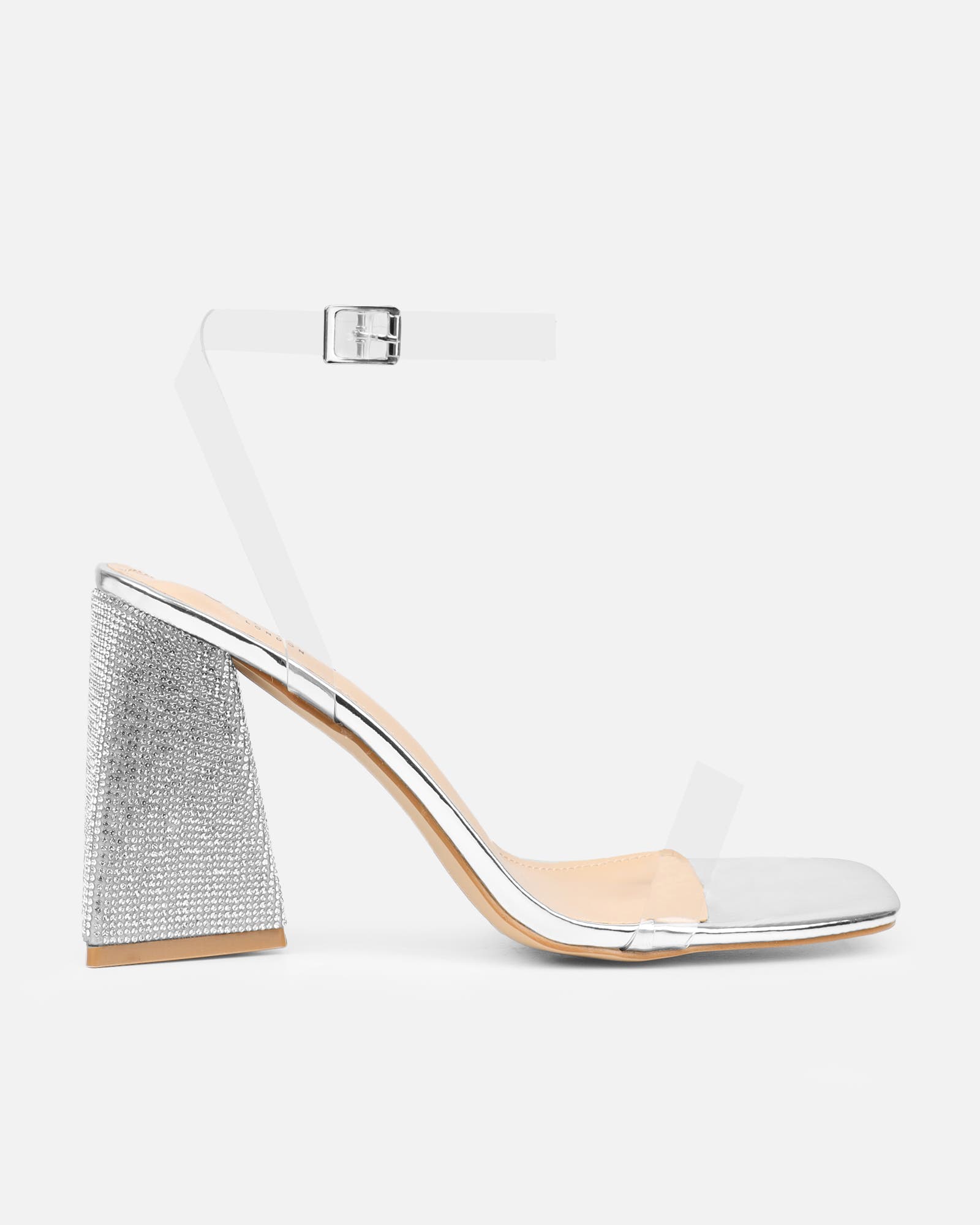 Perri Clear Silver Mirror Diamante Block Heeled Sandals | SIMMI London