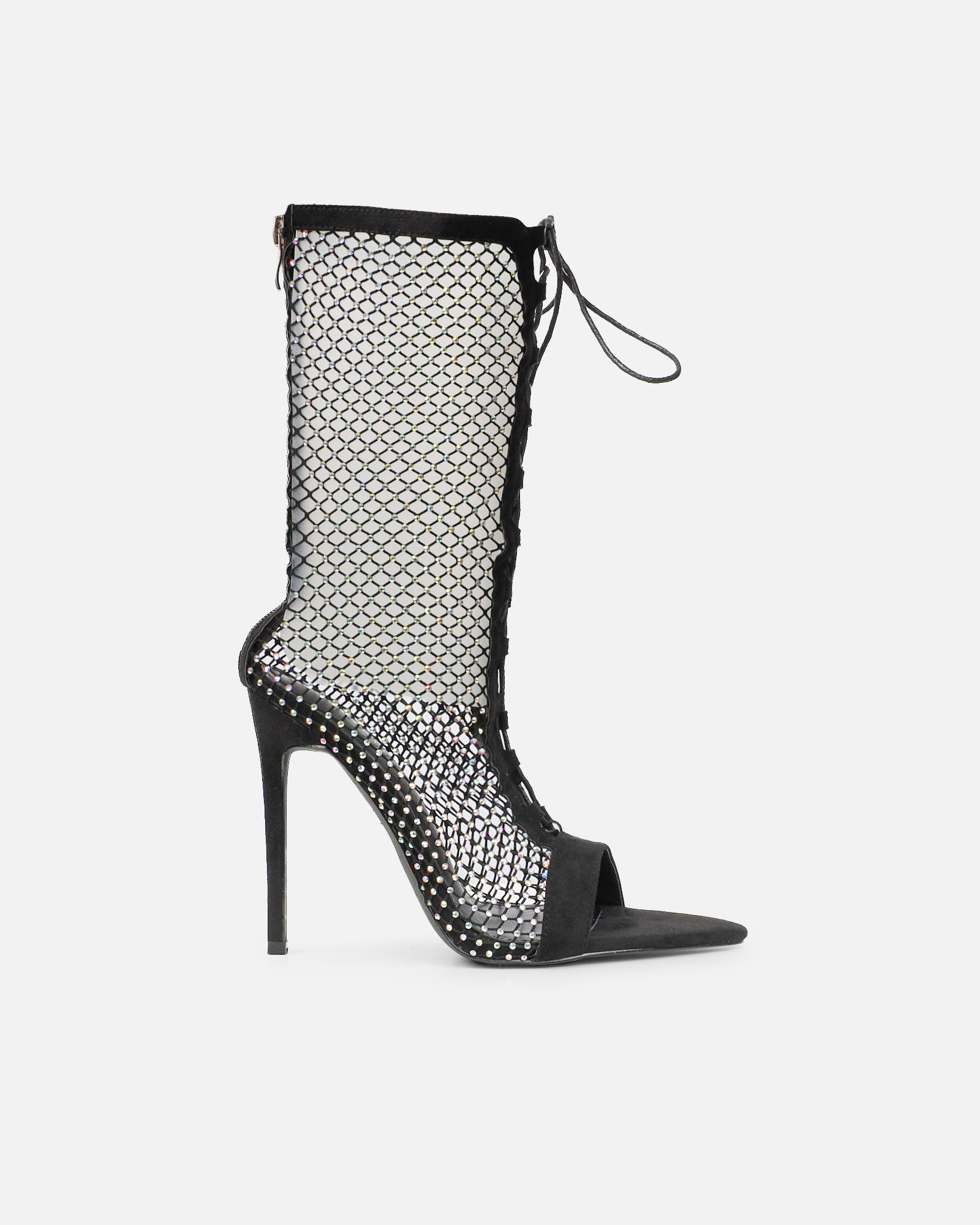 Prima Black Diamante Fishnet Lace Up Peep Toe Boots|SIMMI London