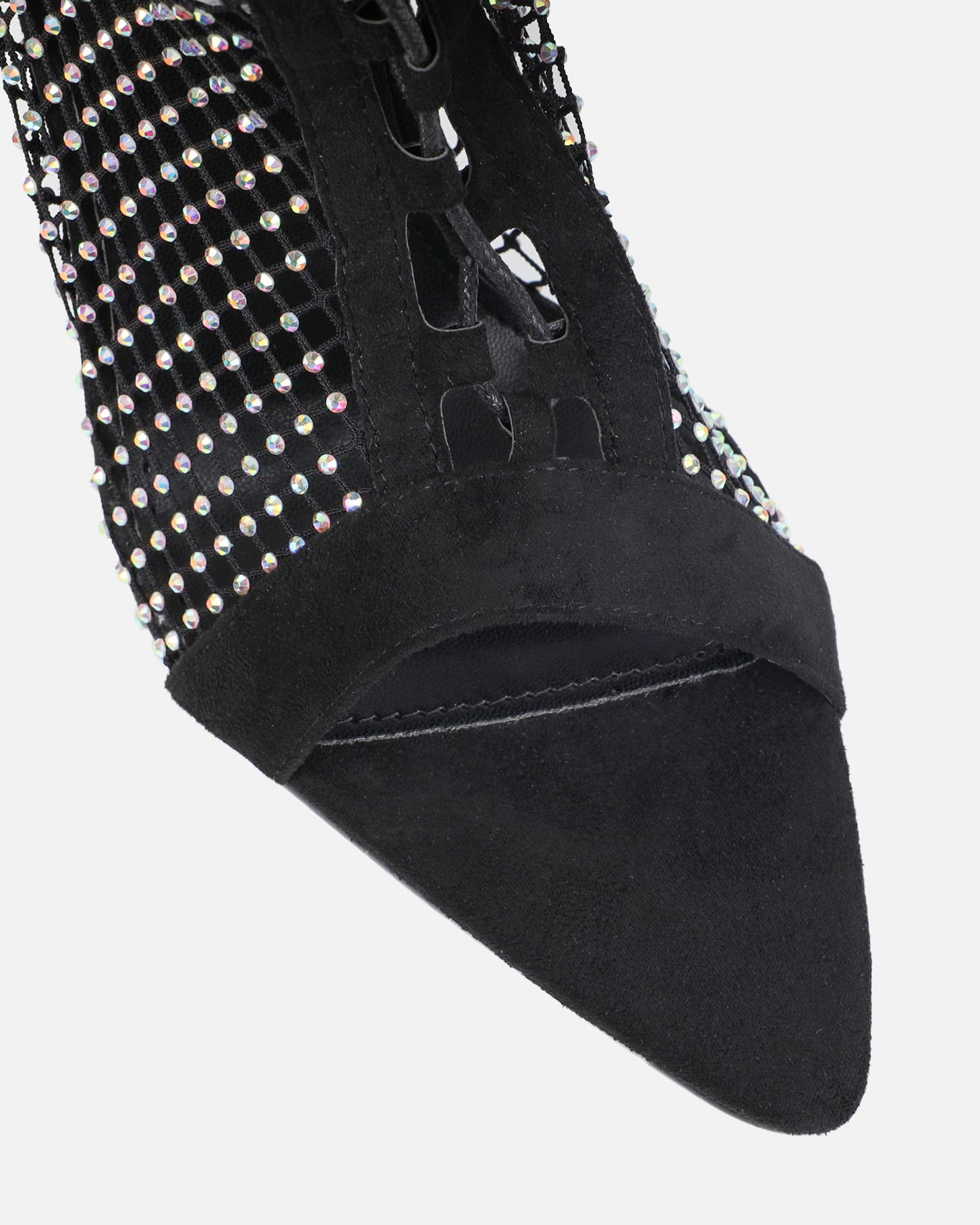 Prima Black Diamante Fishnet Lace Up Peep Toe Boots|SIMMI London