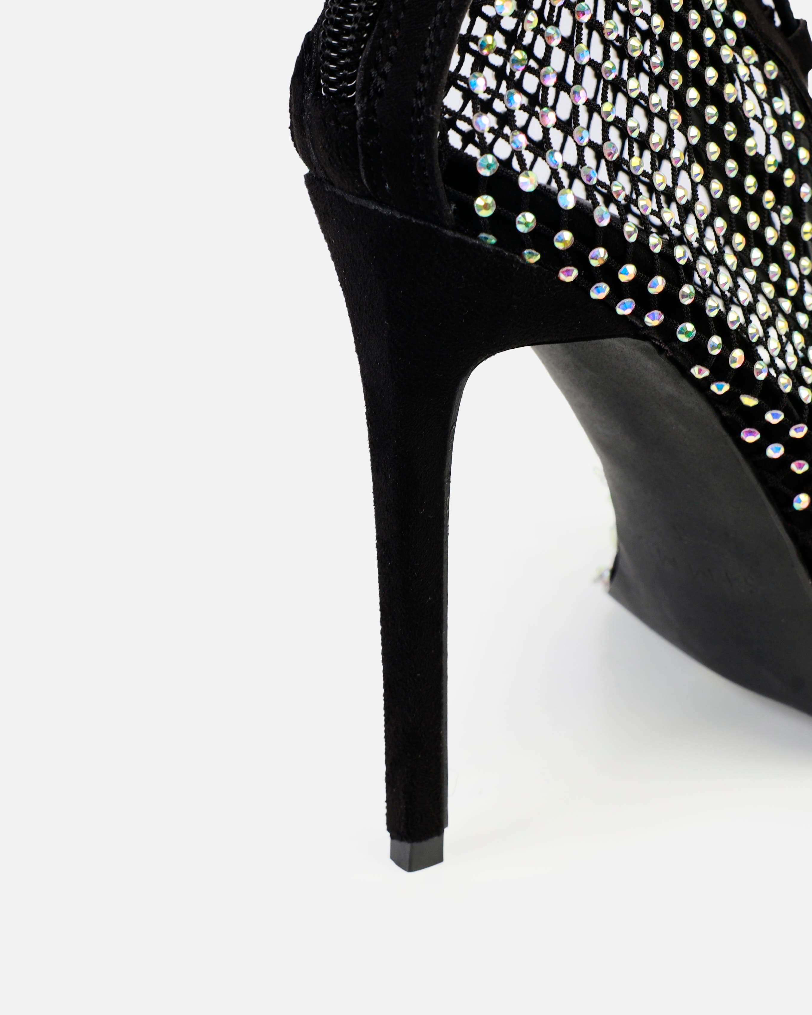 Talitha Black Diamante Mesh Lace Up Thigh High Heels | SIMMI London