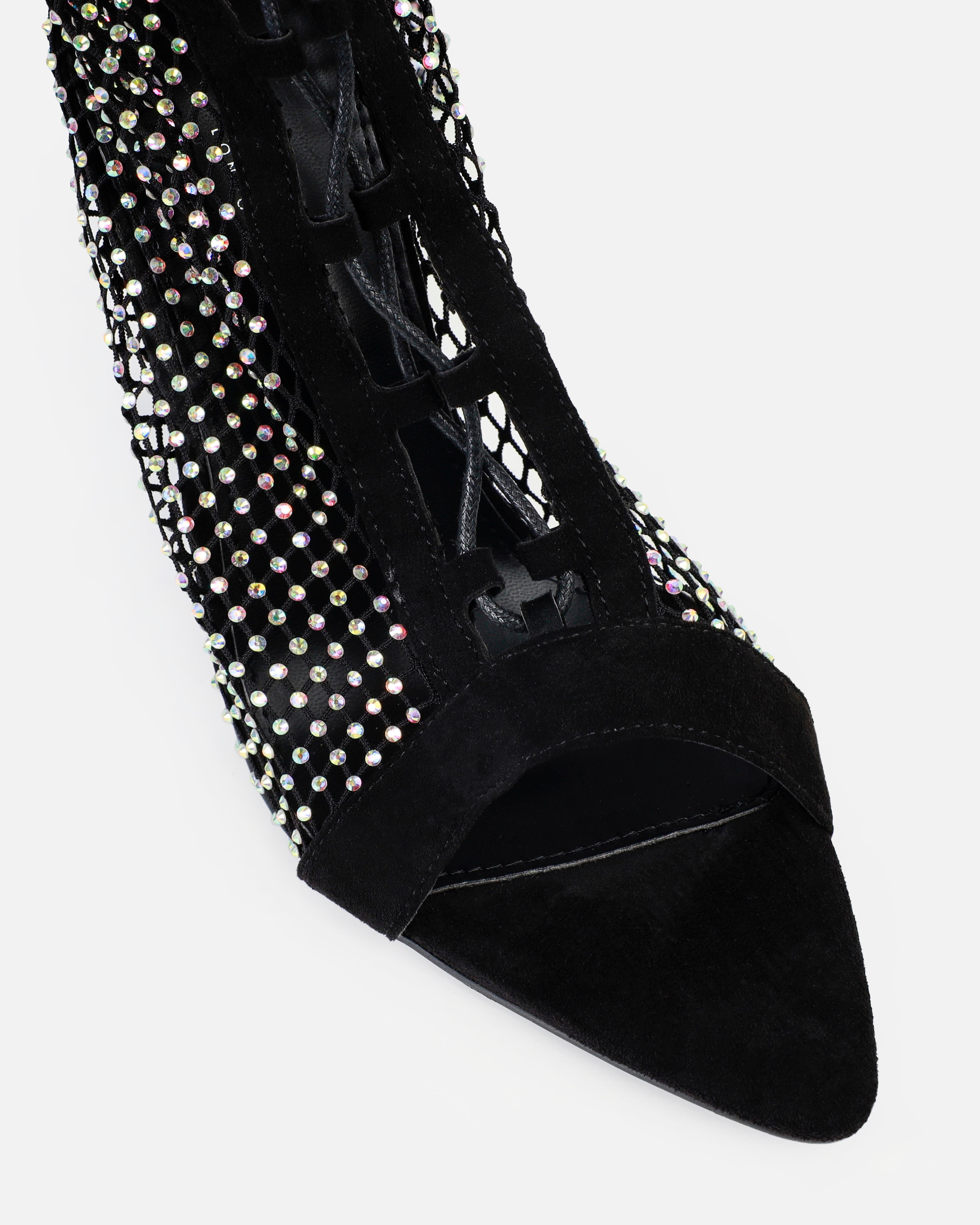 Talitha Black Diamante Mesh Lace Up Thigh High Heels | SIMMI London