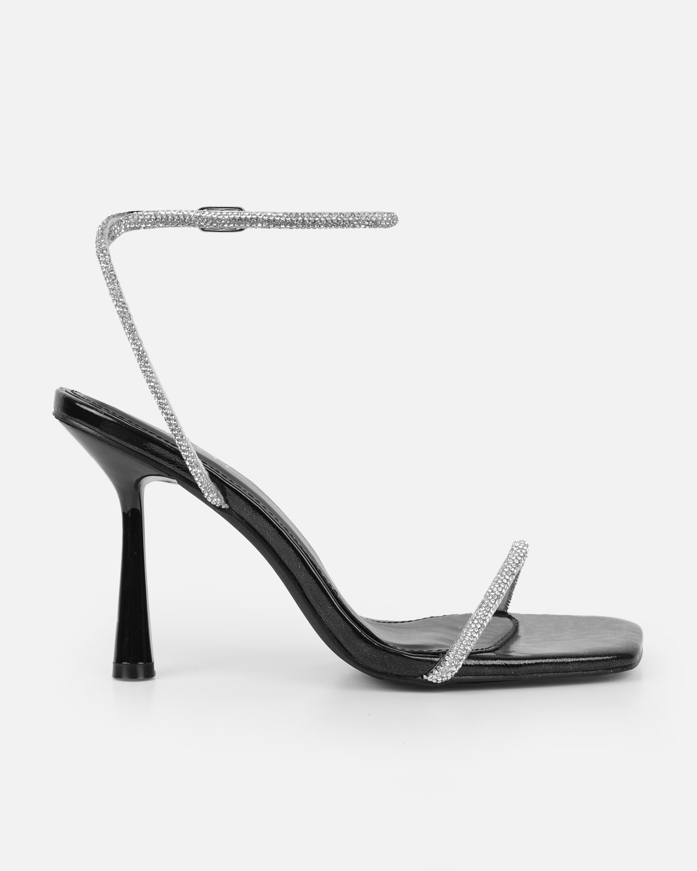 Mollie Black Patent Diamante Heeled Sandals | SIMMI London