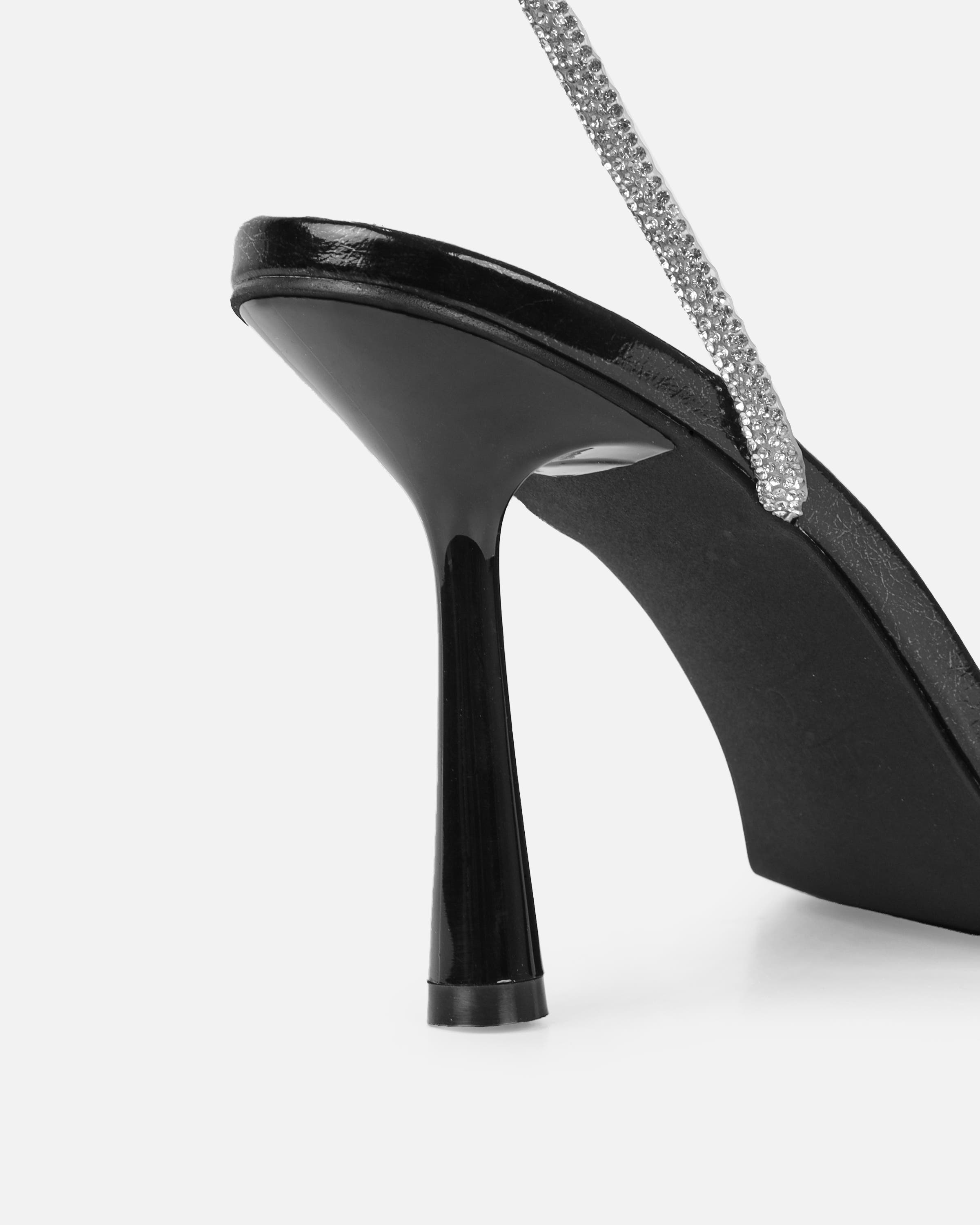 Mollie Black Patent Diamante Heeled Sandals | SIMMI London