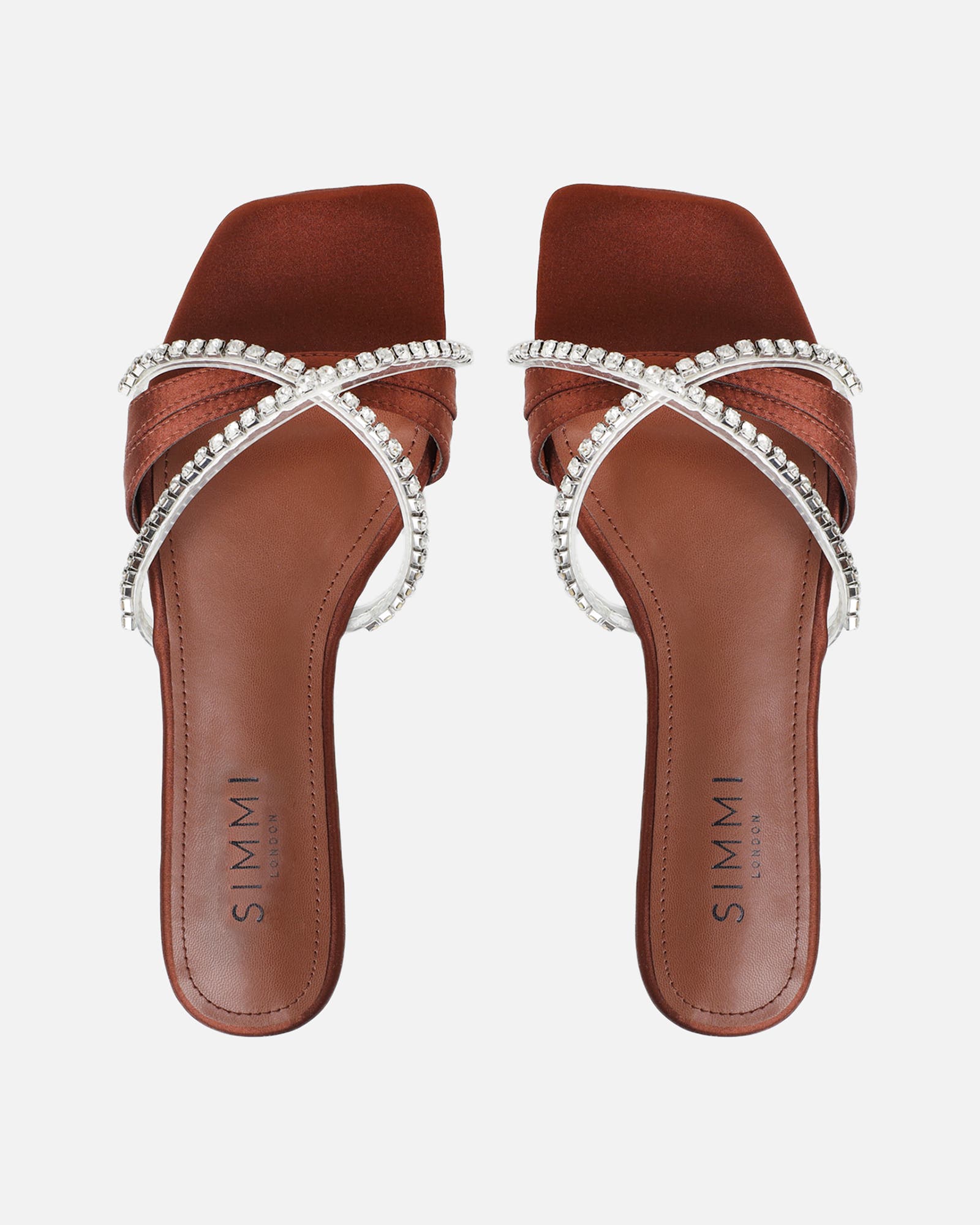 Astana Chocolate Satin Diamante Flat Sandals | SIMMI London