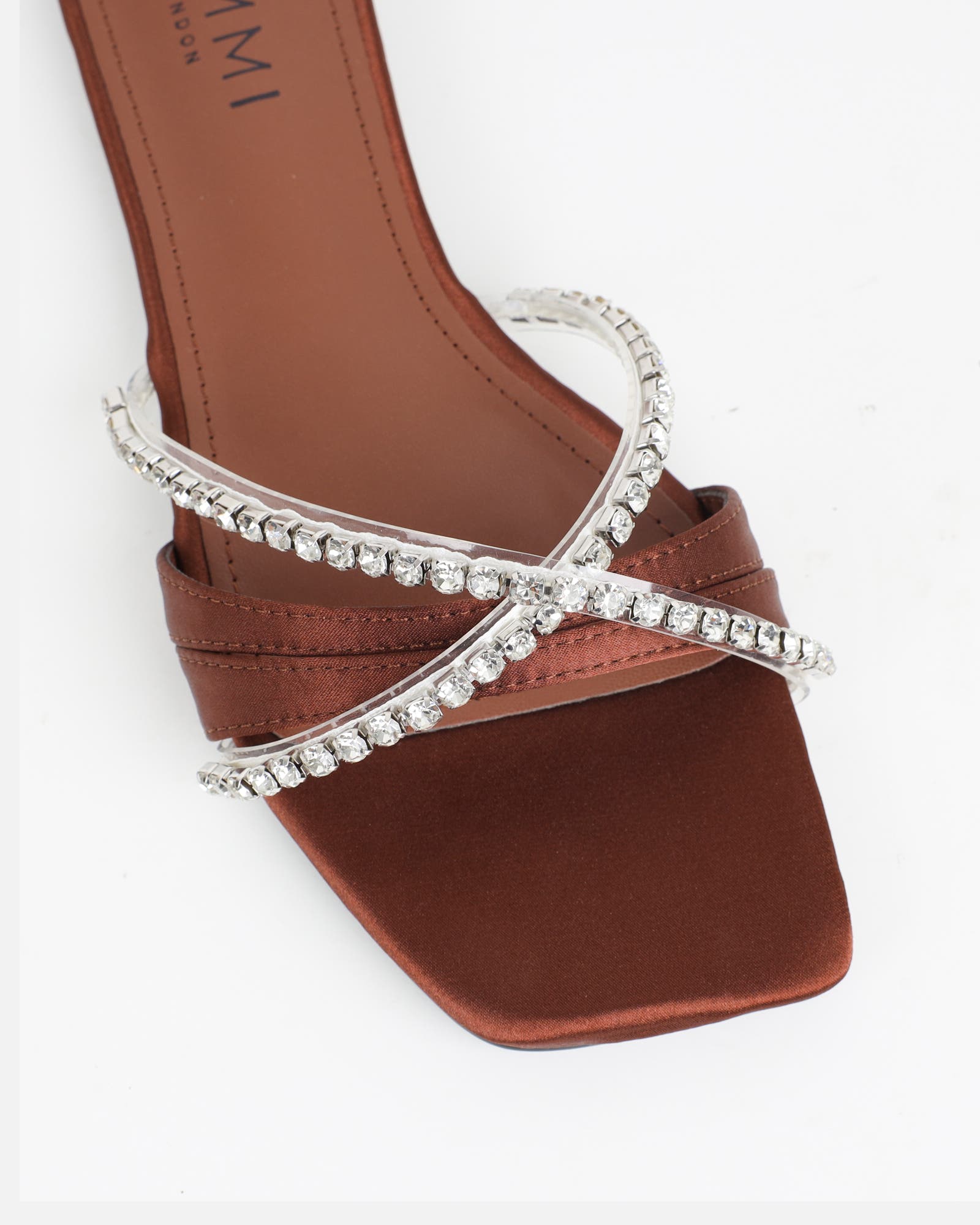 Astana Chocolate Satin Diamante Flat Sandals | SIMMI London