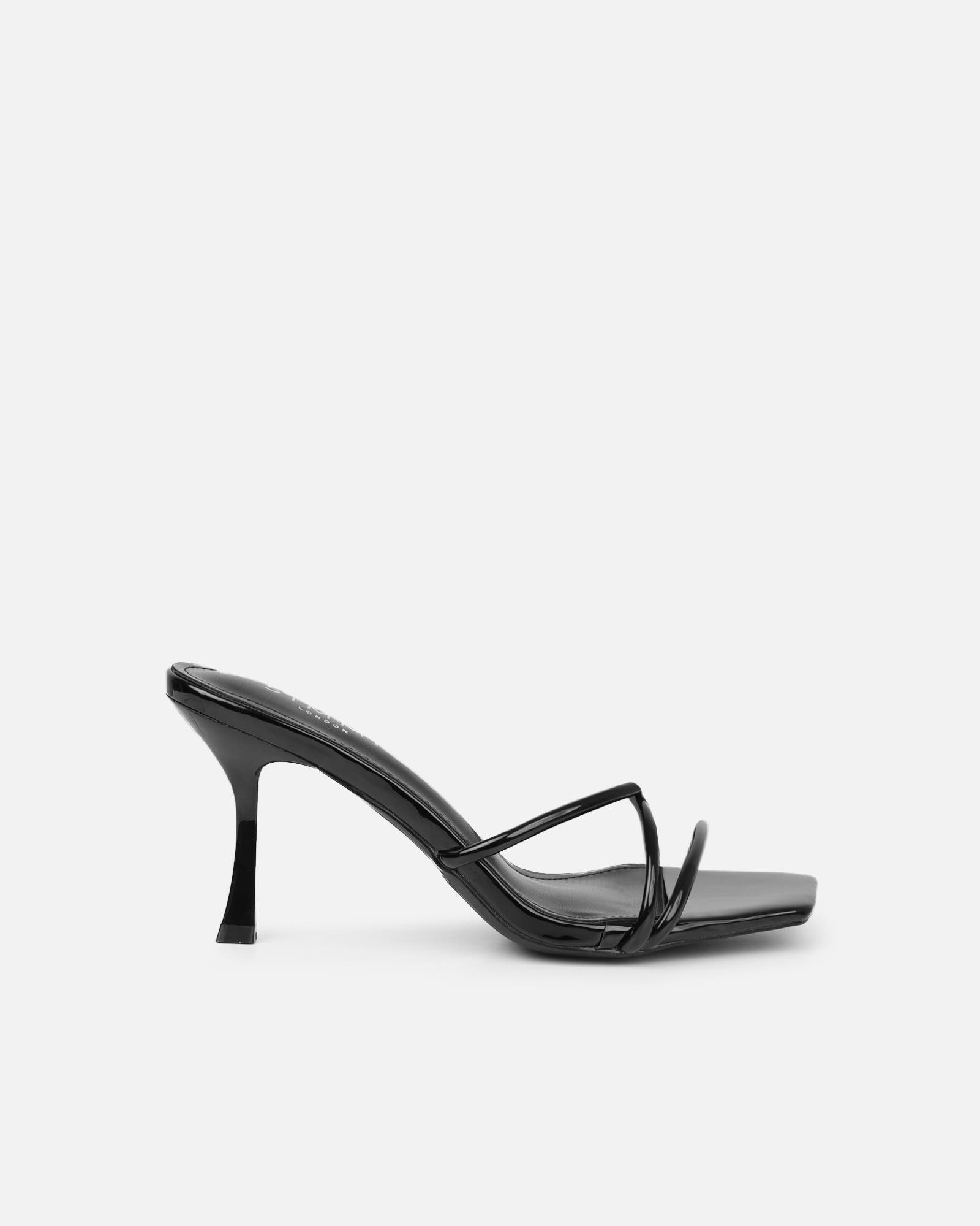 Shadee Black Patent Mid Heeled Sandals | SIMMI London
