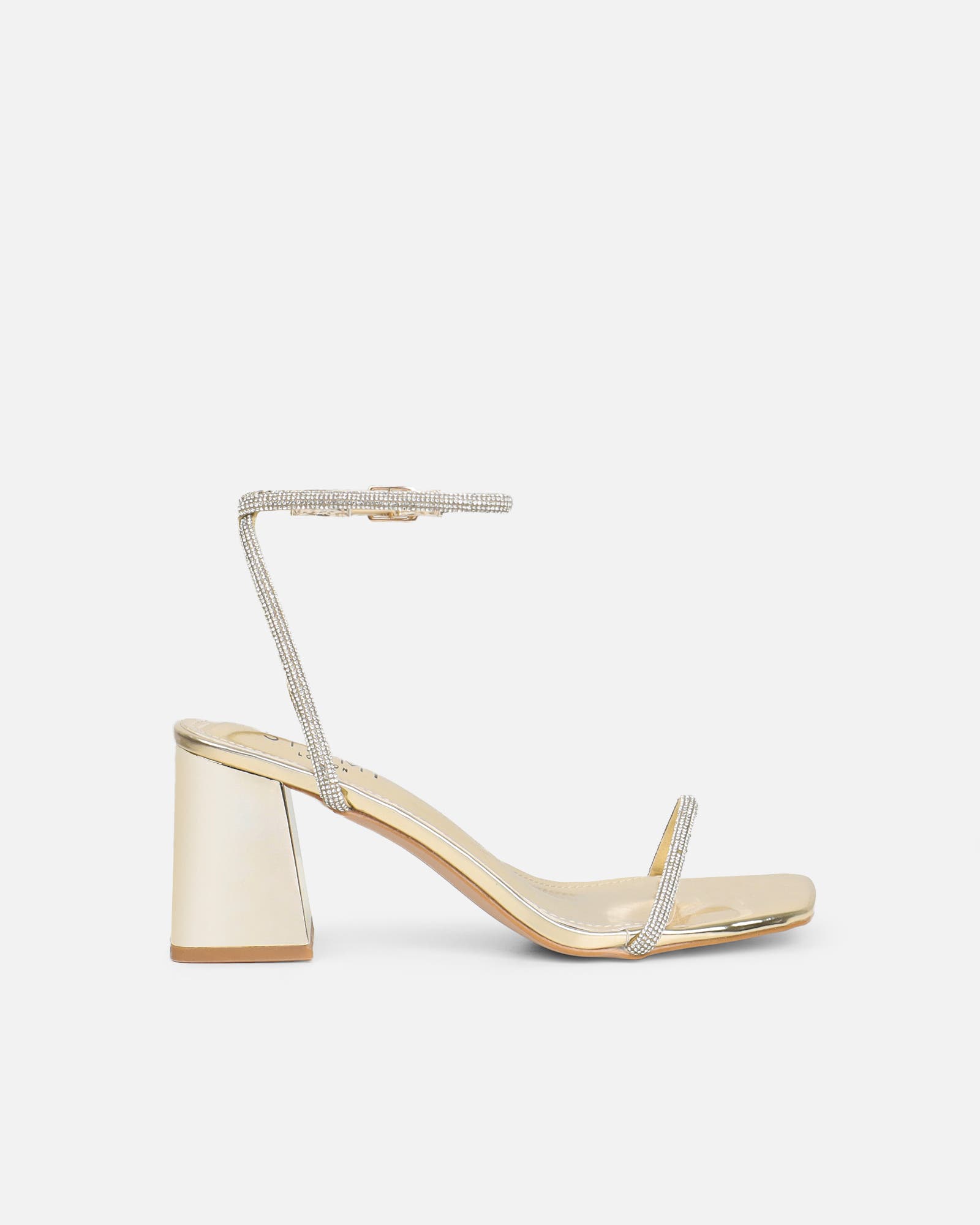Ciel Gold Mirror Diamante Low Block Heeled Sandals | SIMMI London