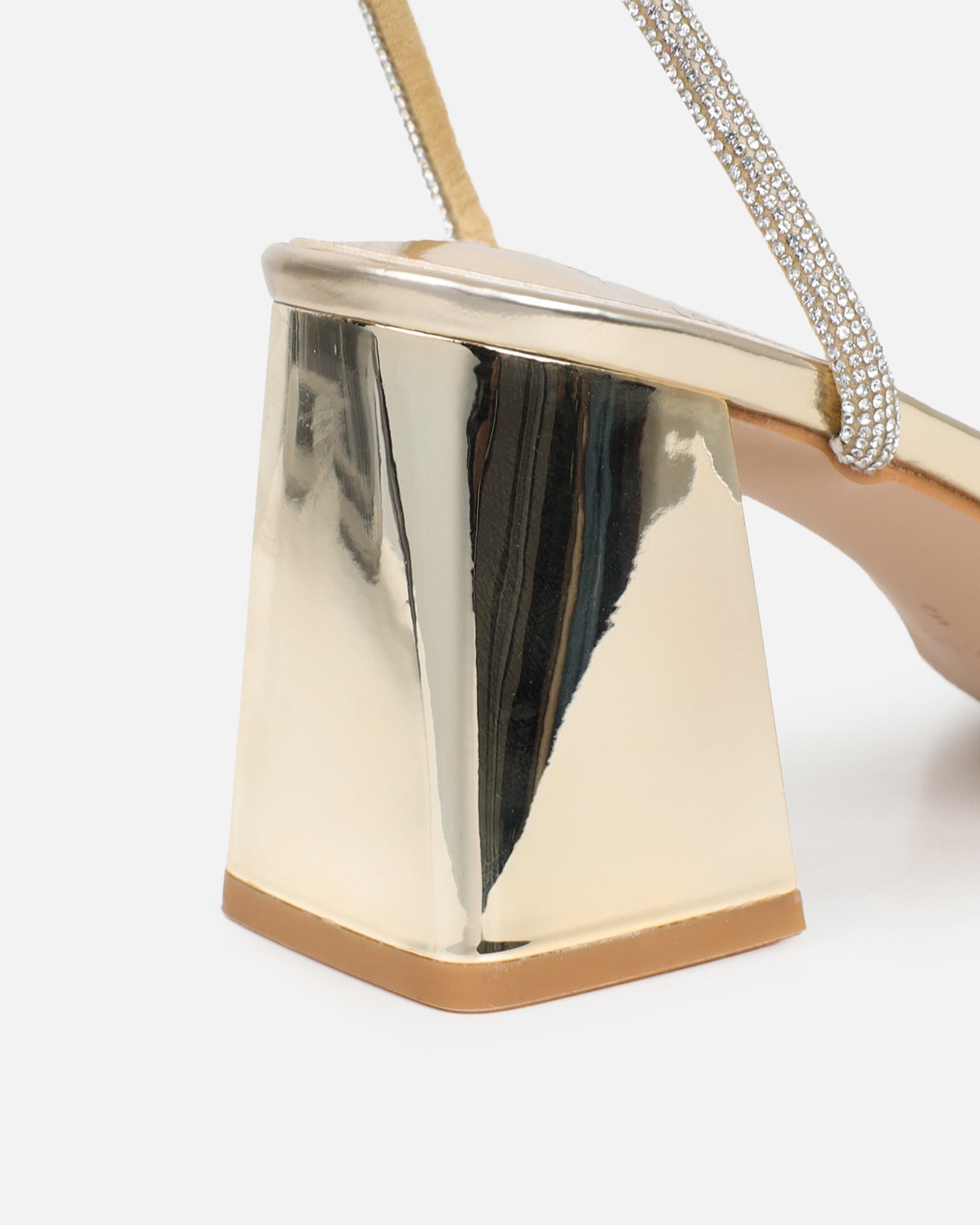Ciel Gold Mirror Diamante Low Block Heeled Sandals | SIMMI London