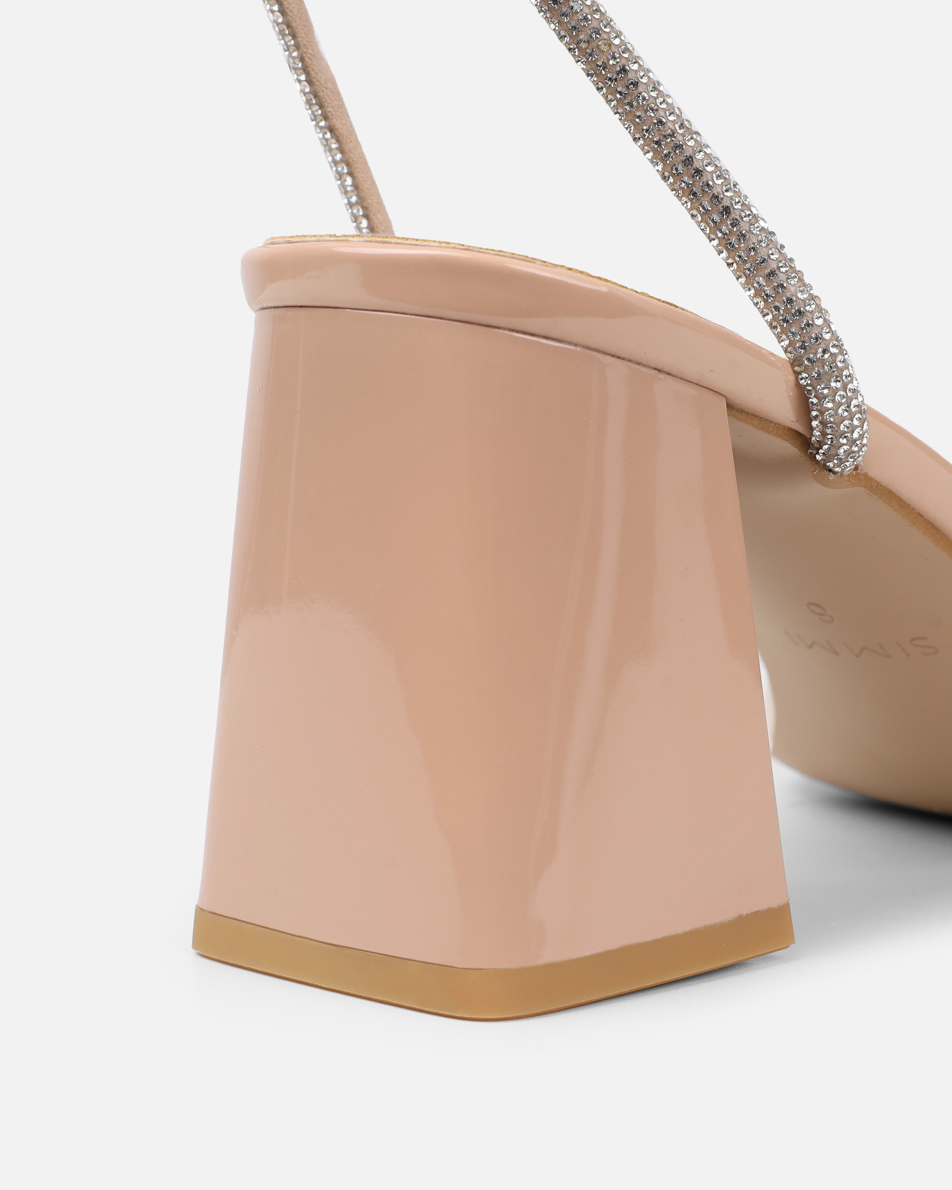 Ciel Nude Patent Diamante Low Block Heeled Sandals | SIMMI London