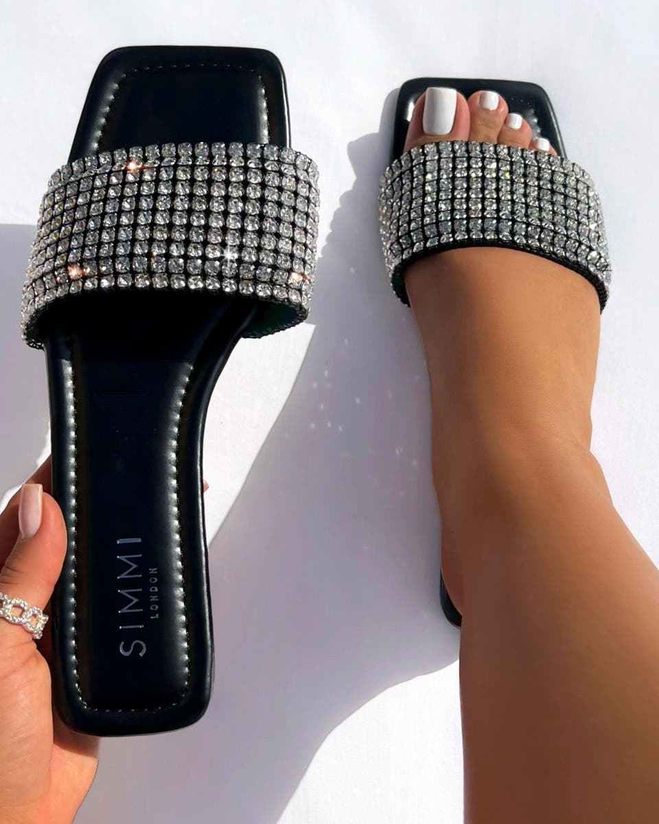 Azura Wide Fit Black Diamante Sliders | SIMMI London