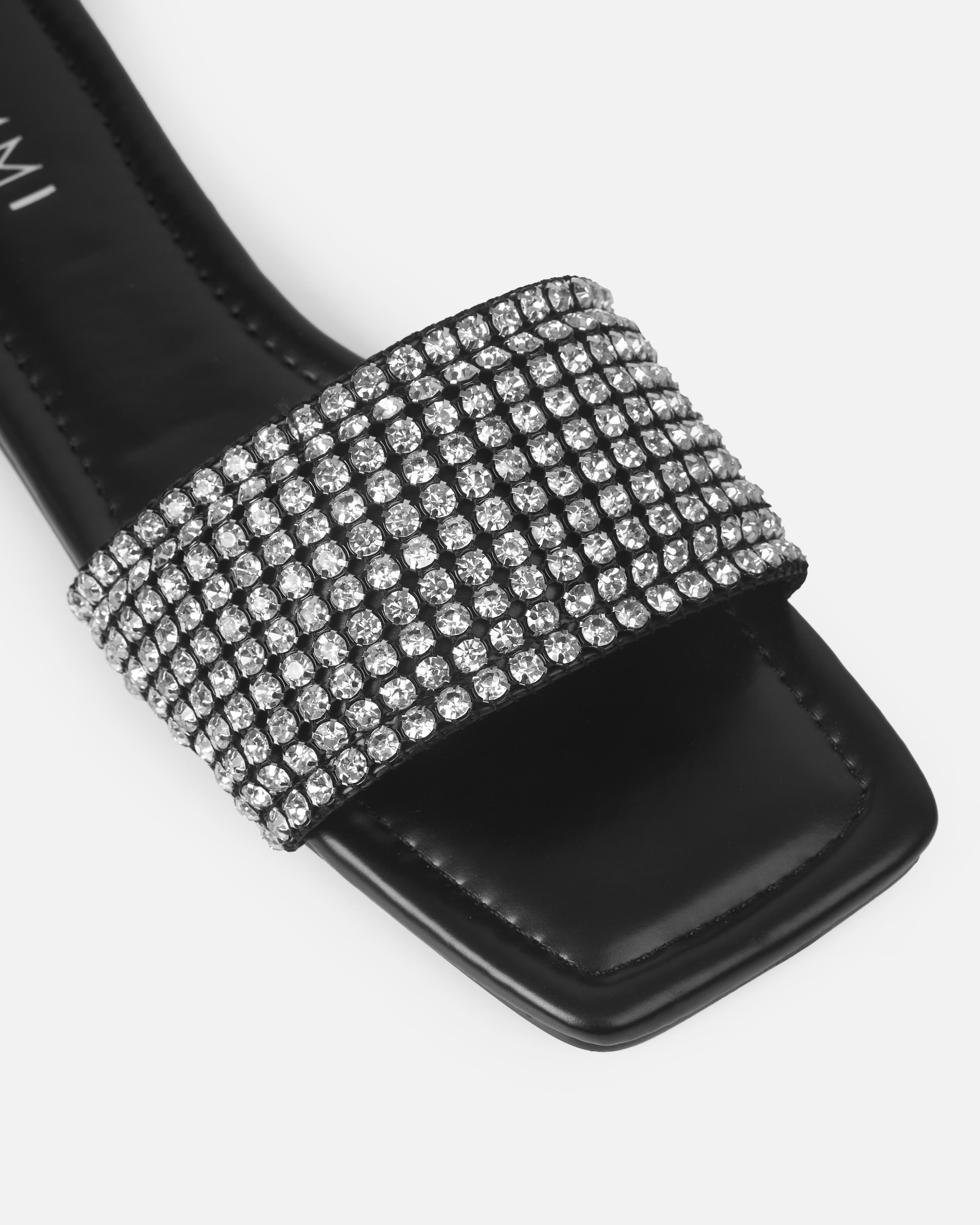 Azura Wide Fit Black Diamante Sliders | SIMMI London