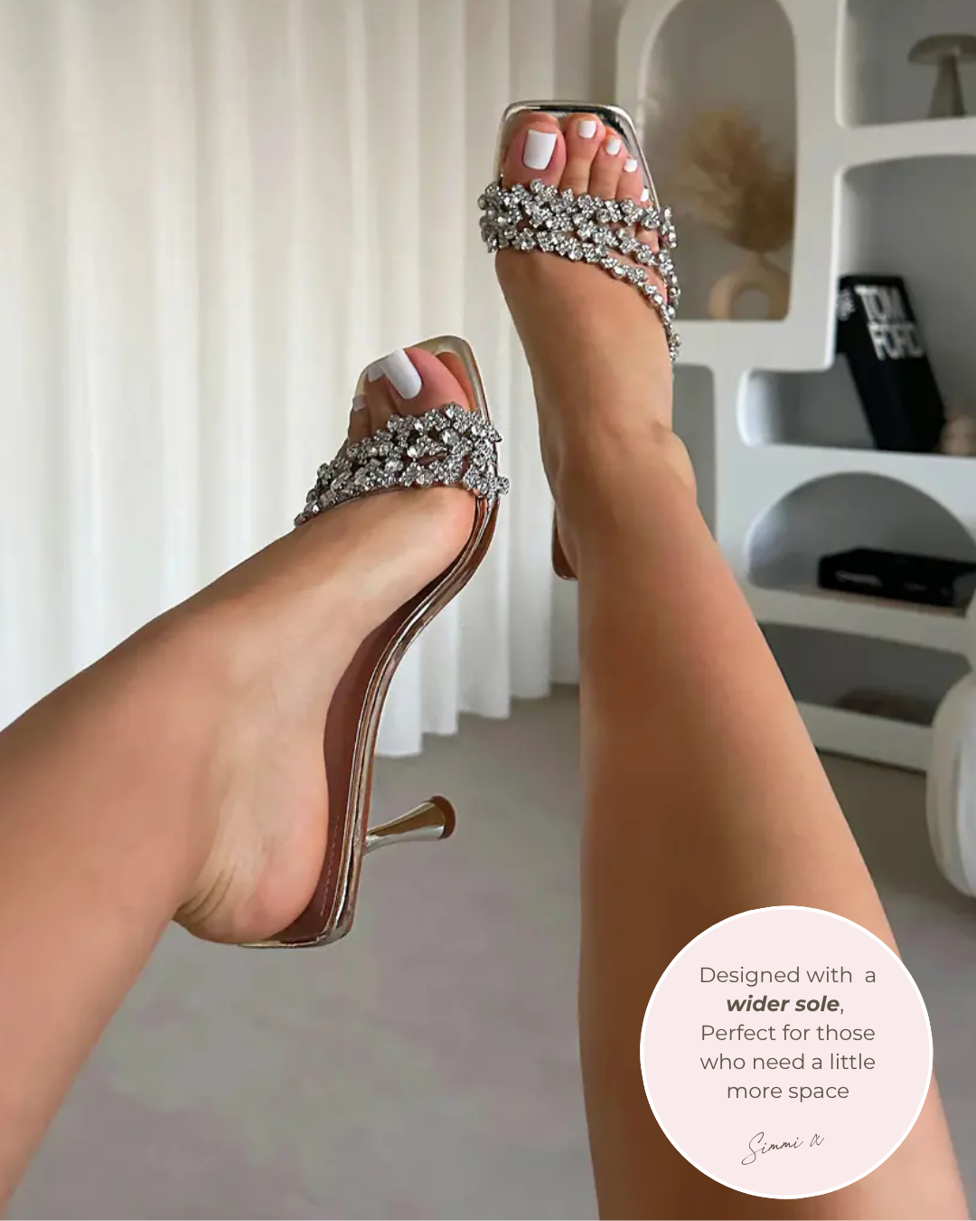 Blushing Gold Mirror Diamante Wide Fit Mid Heel Mules