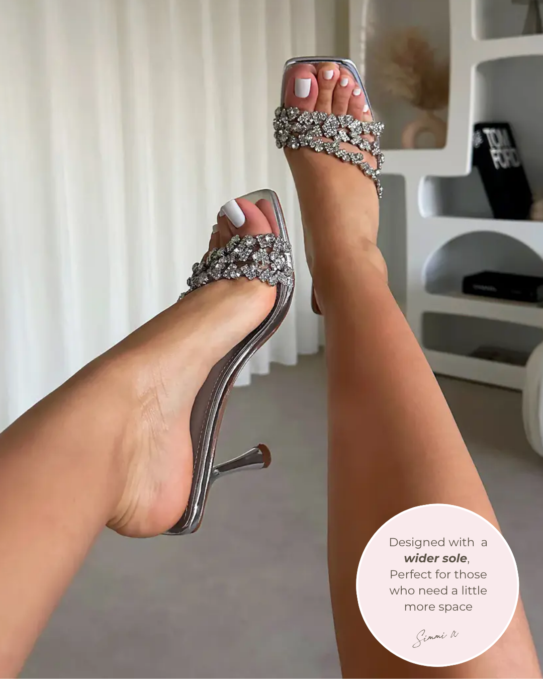 Blushing Silver Mirror Diamante Wide Fit Mid Heel Mules
