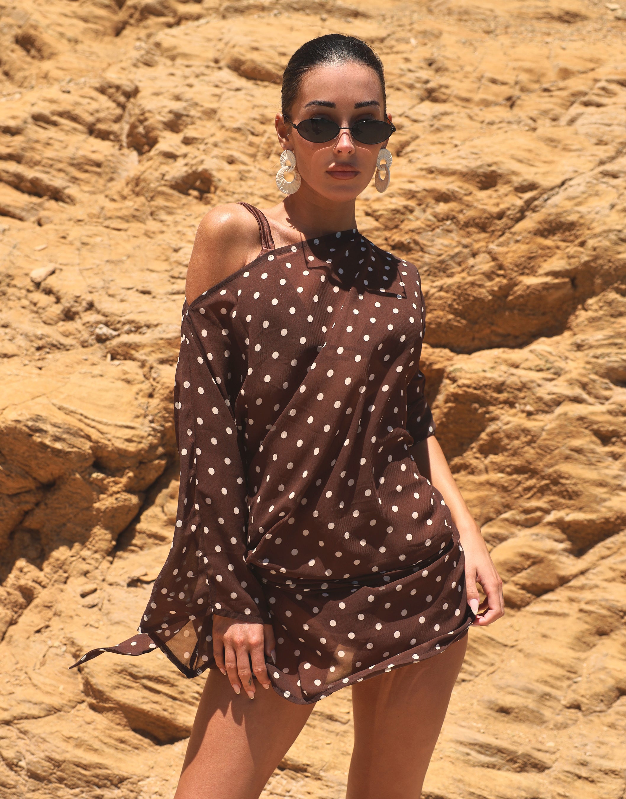 Thea Chiffon Mini Beach Cover Up in brown polka | SIMMI London