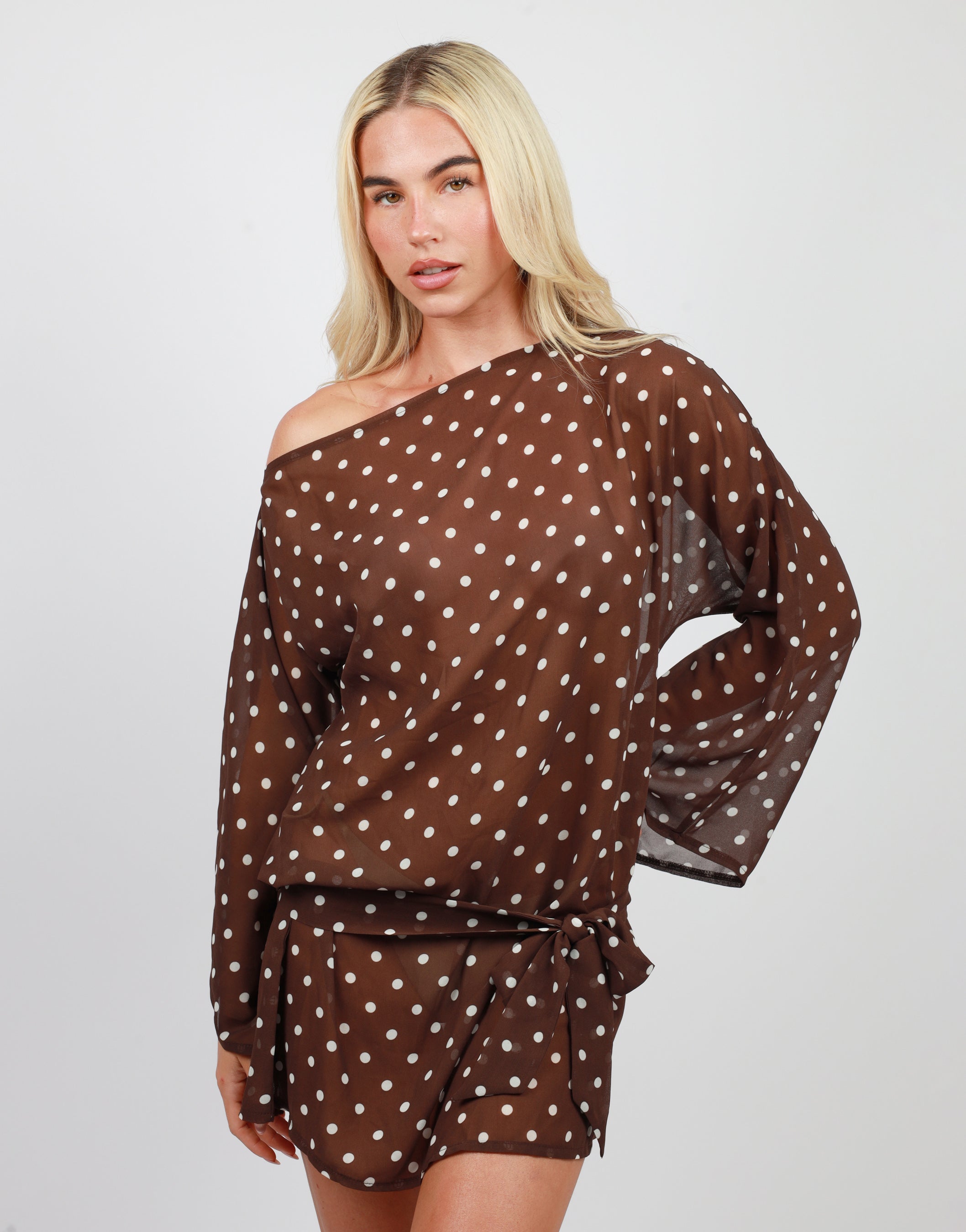 Thea Chiffon Mini Beach Cover Up in brown polka | SIMMI London