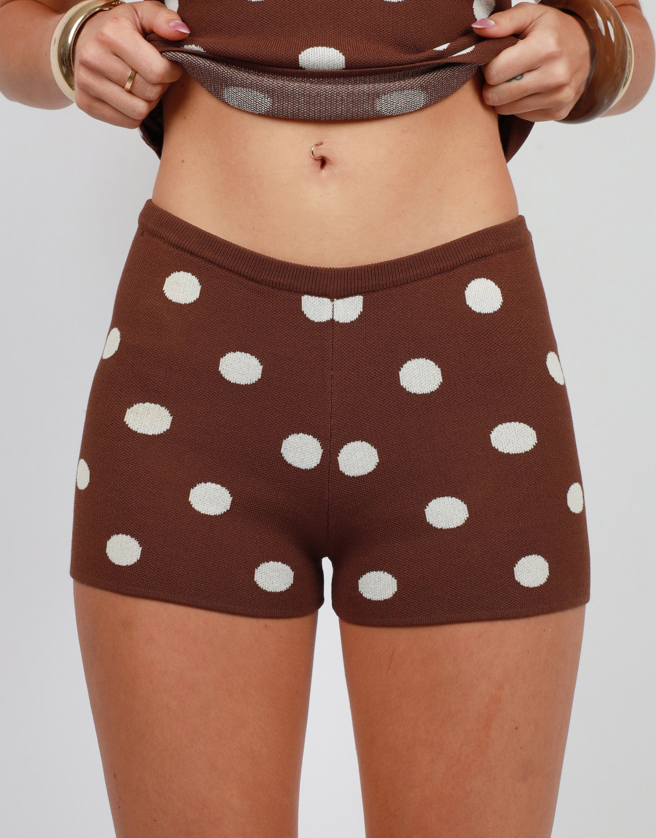 Sky Knit Mini Shorts In Brown Polka | SIMMI London