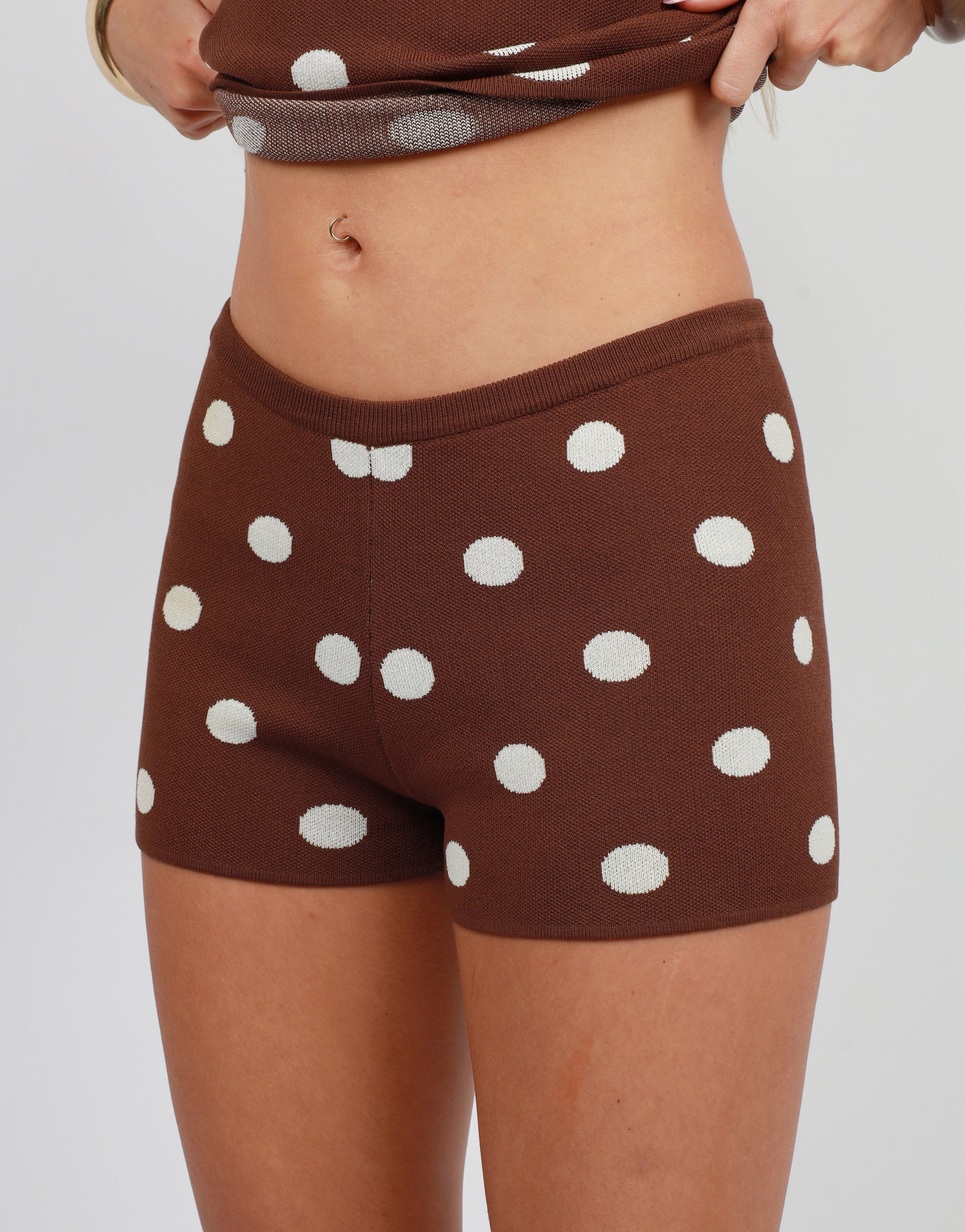 Sky Knit Mini Shorts In Brown Polka | SIMMI London
