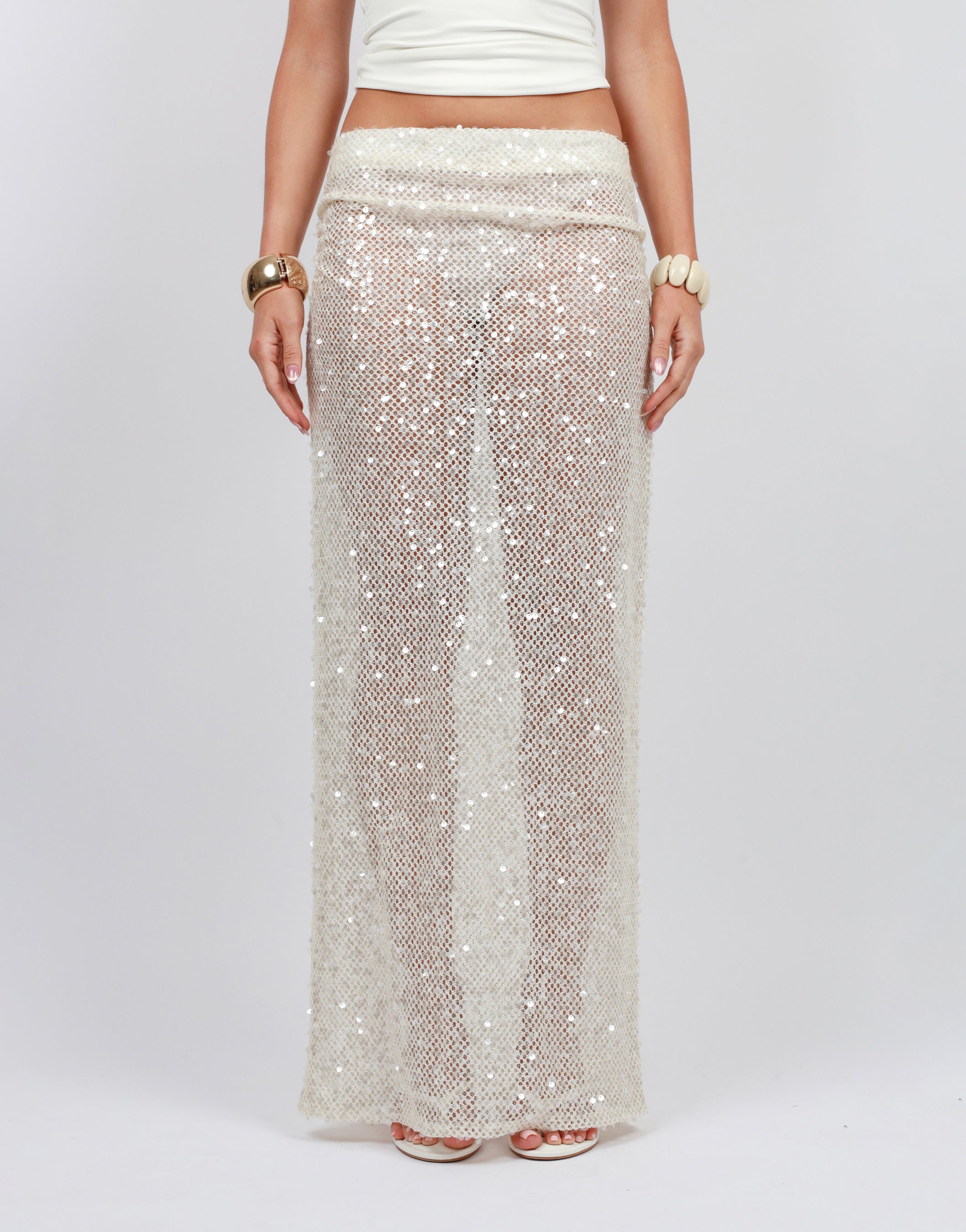 Sorella Sequin Maxi Beach Skirt in Cream | SIMMI London
