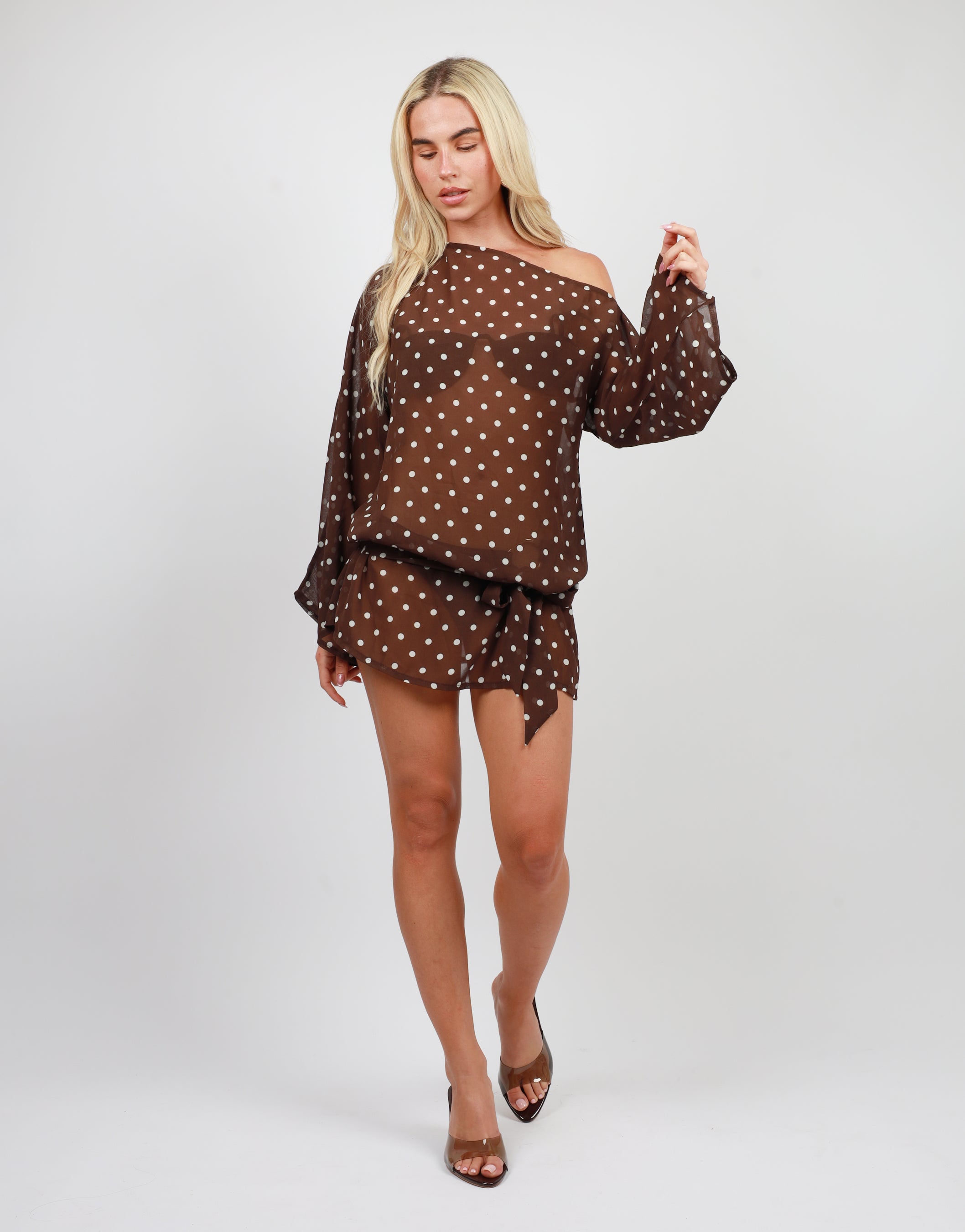 Thea Chiffon Mini Beach Cover Up in brown polka | SIMMI London