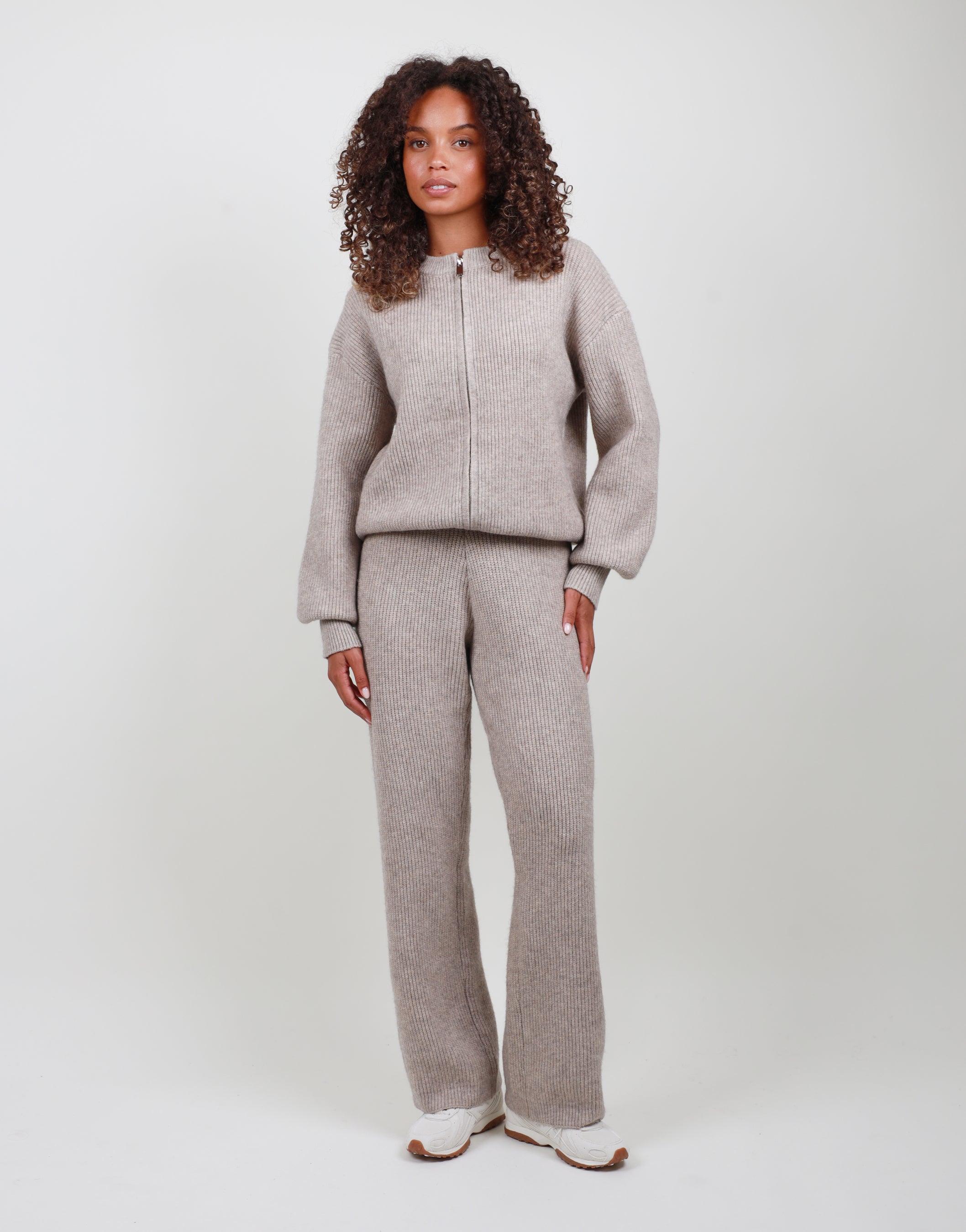 Lily Simmi Studios Petite Ribbed Knitted Trousers in beige