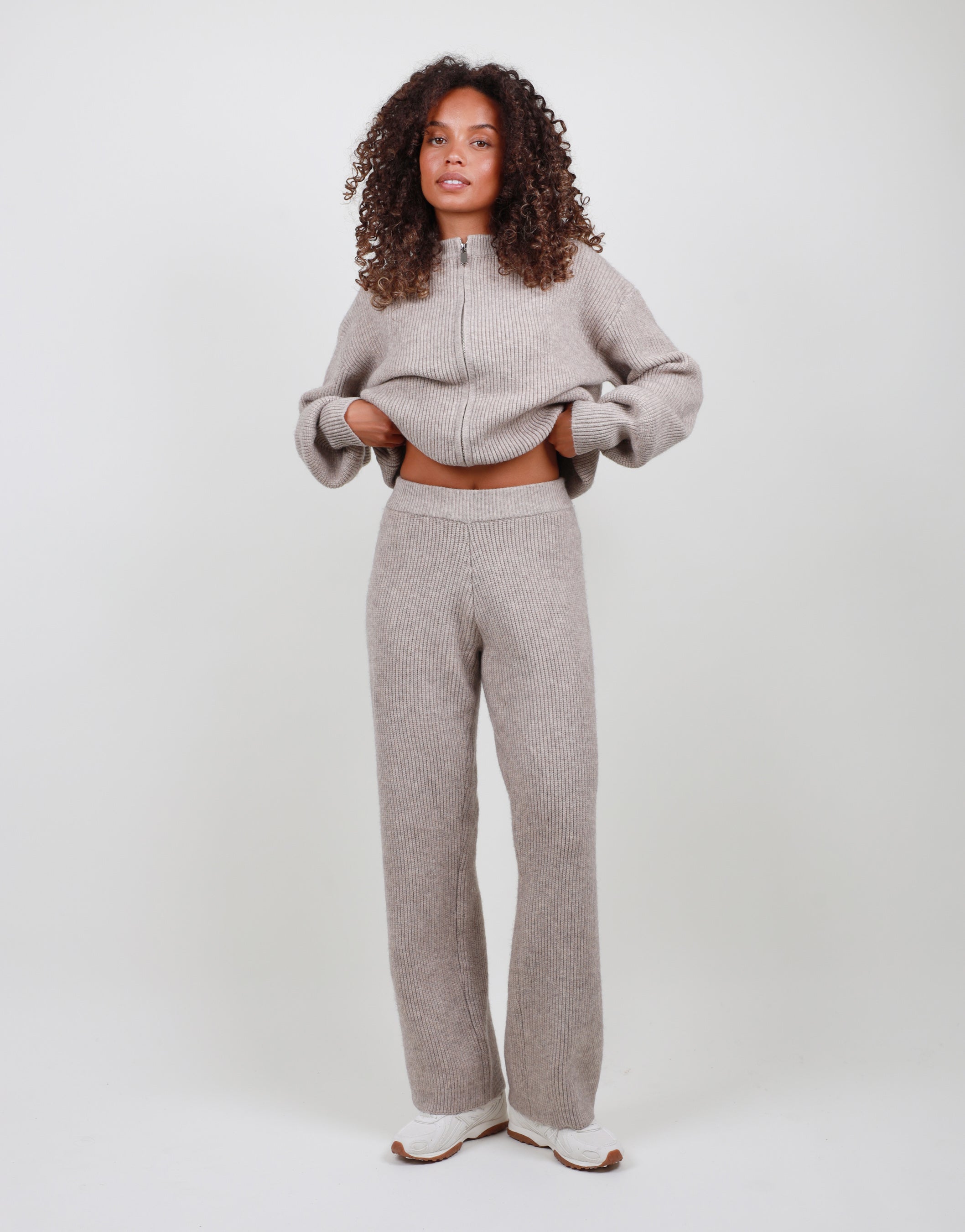 Petite Ribbed Knitted Trousers in beige | SIMMI London