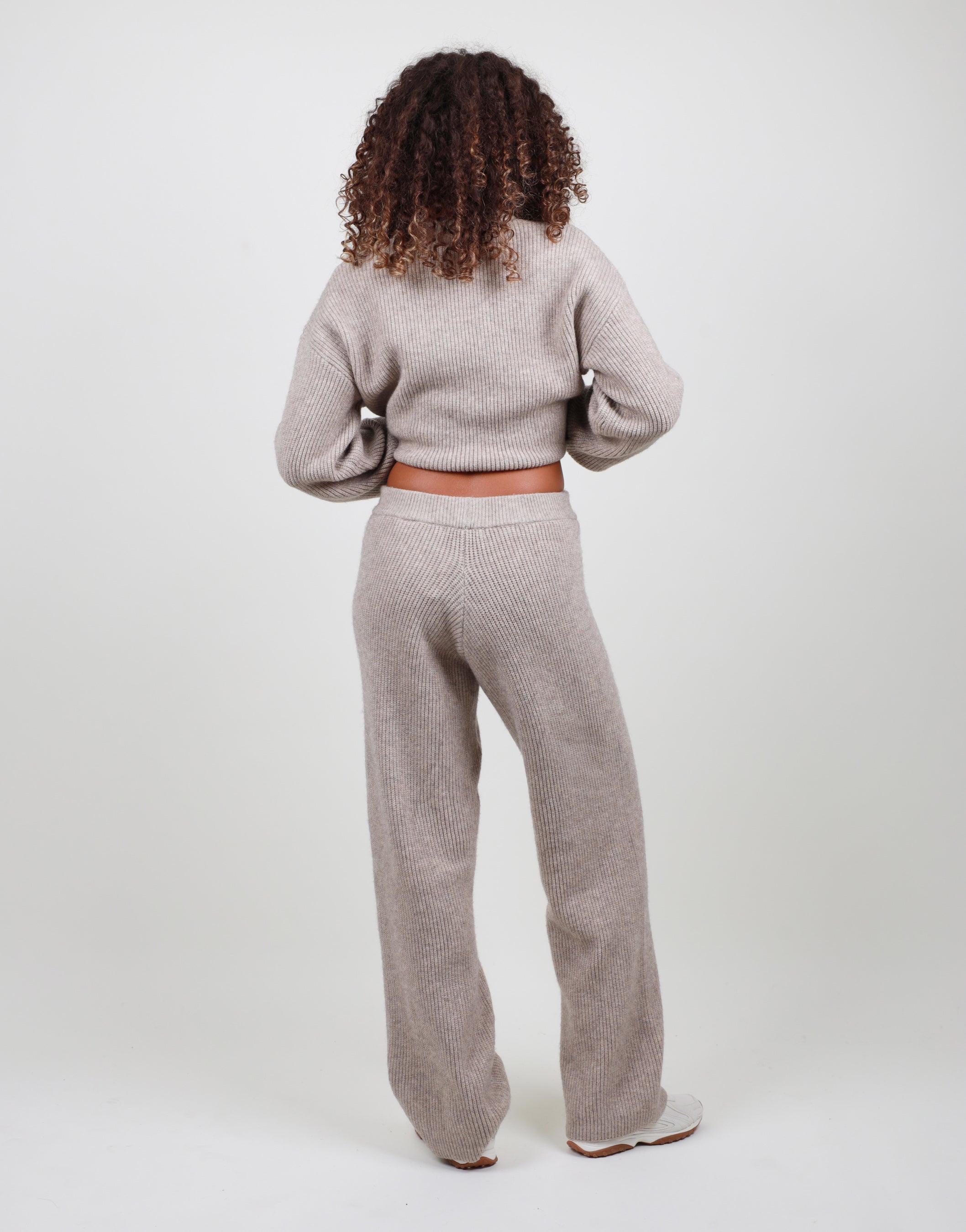 Petite Ribbed Knitted Trousers in beige | SIMMI London