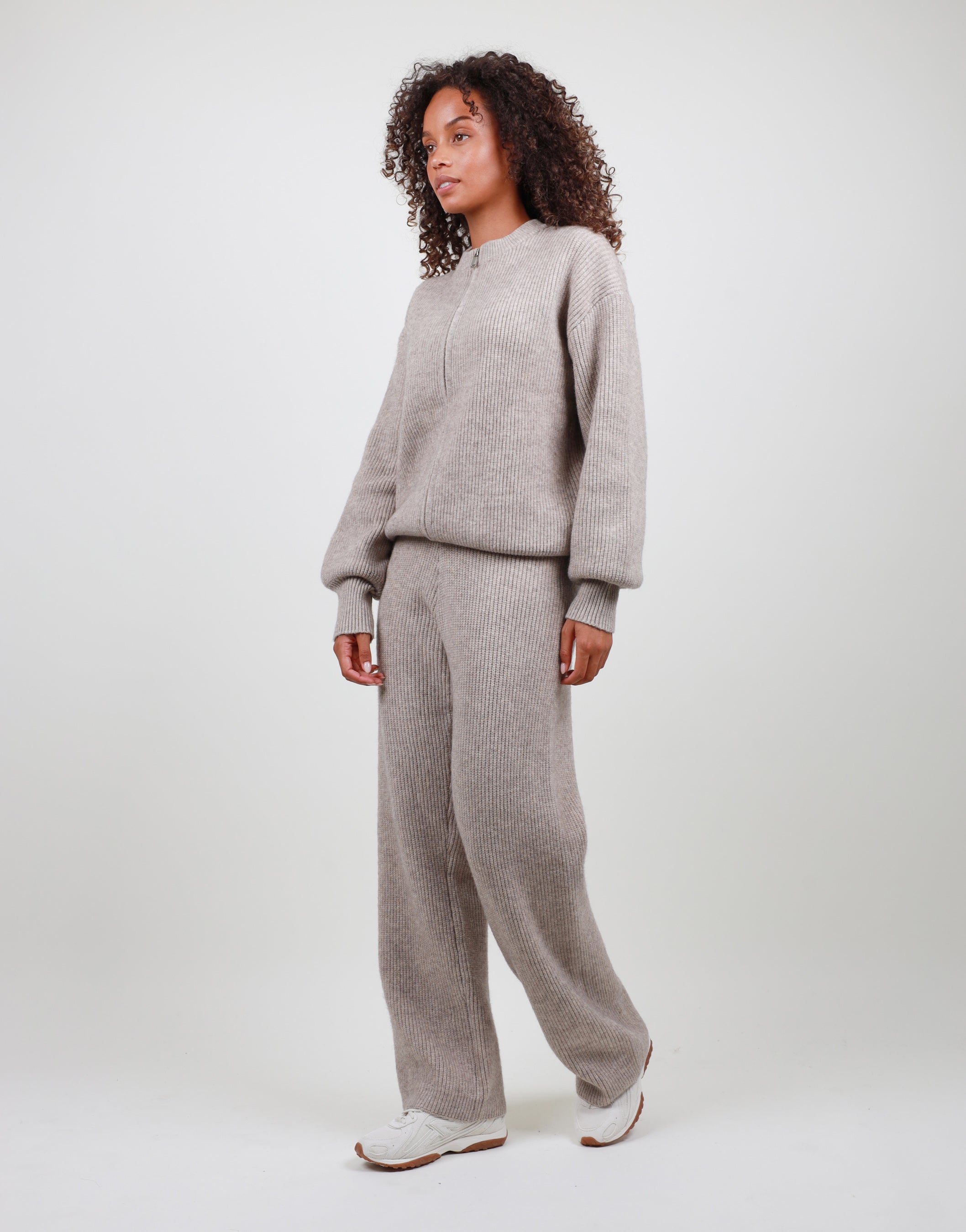 Lily Simmi Studios Petite Ribbed Knitted Trousers in beige