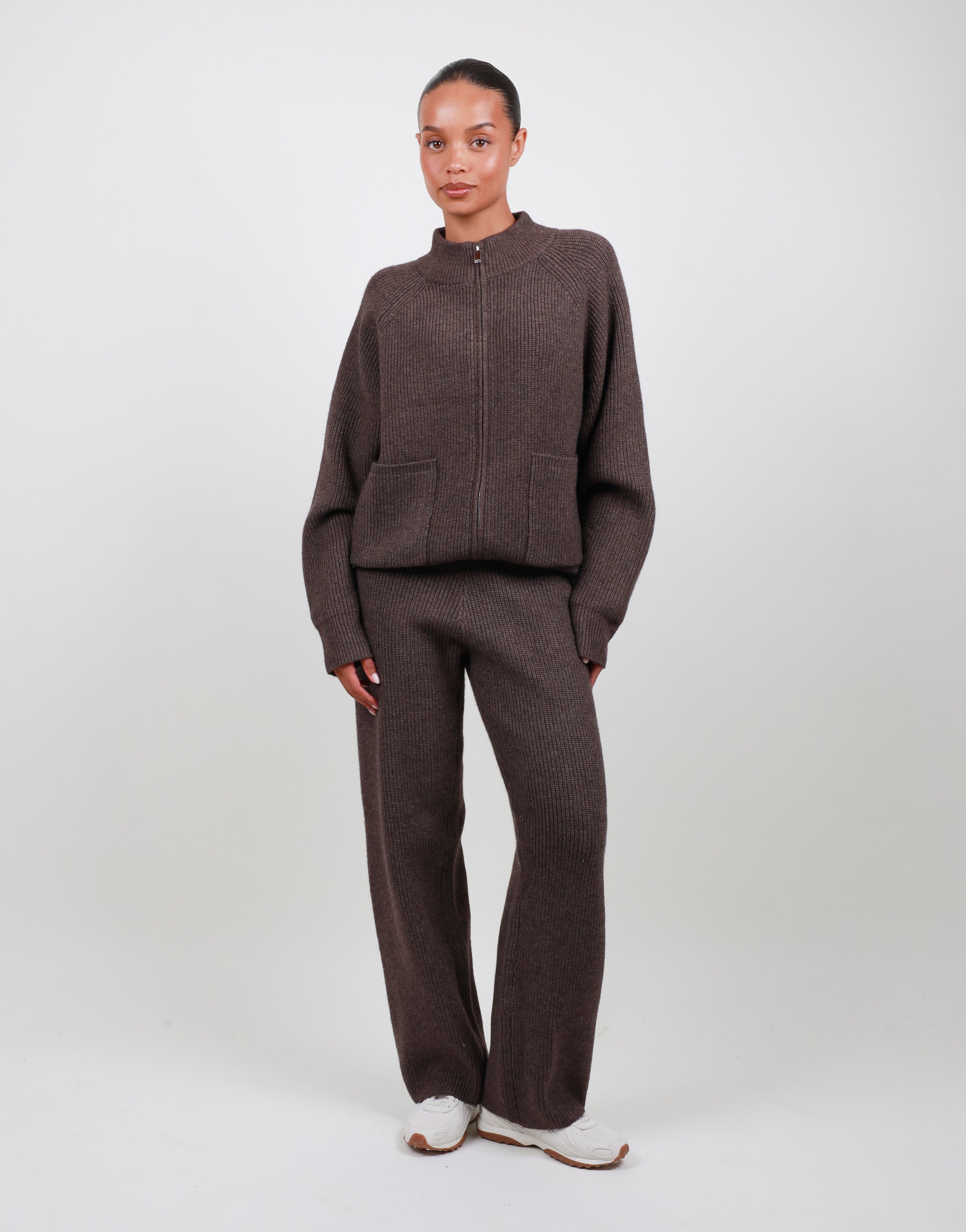 Lily Simmi Studios Petite Ribbed Knitted Trousers in light brown