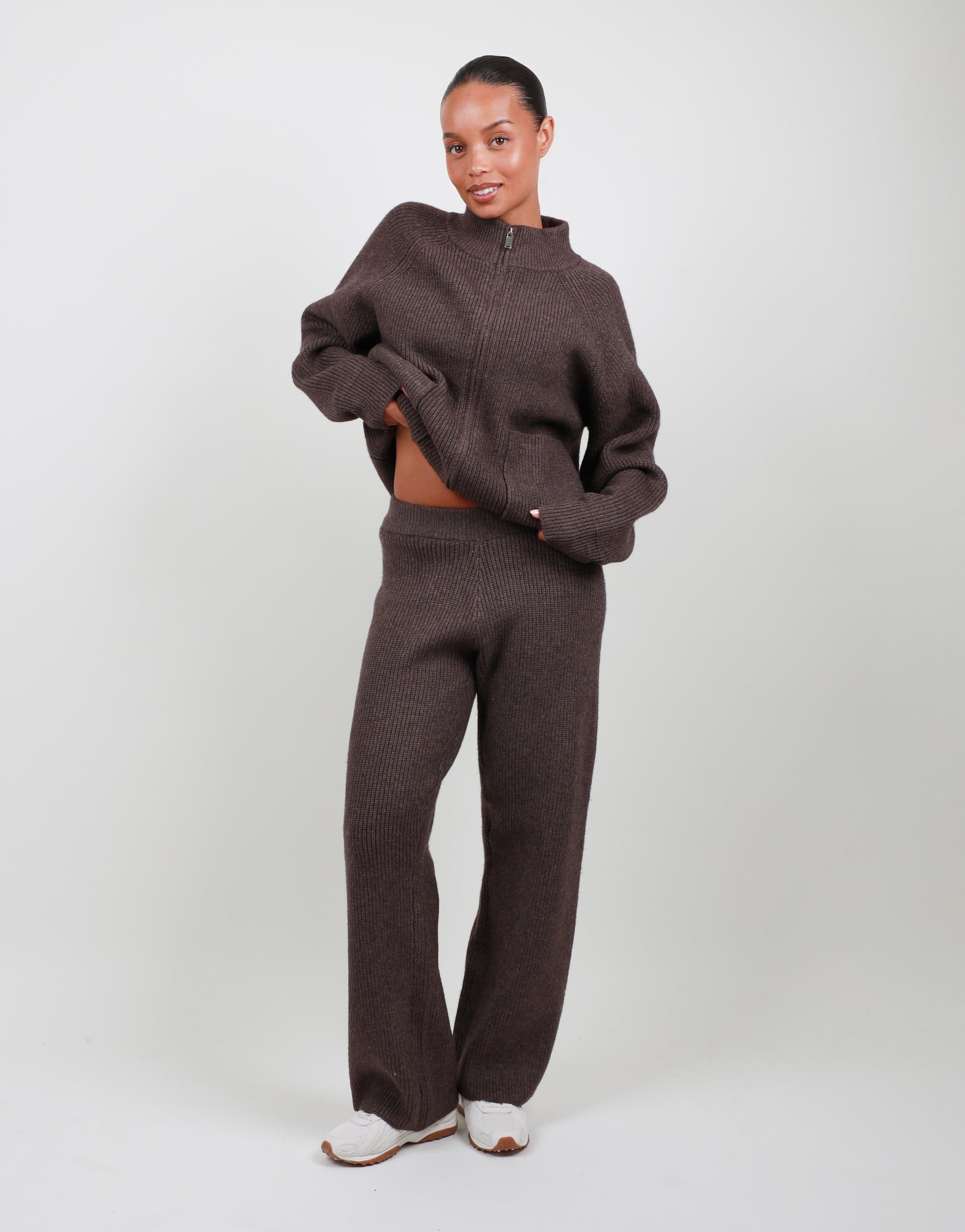 Petite Ribbed Knitted Trousers in light brown | SIMMI London