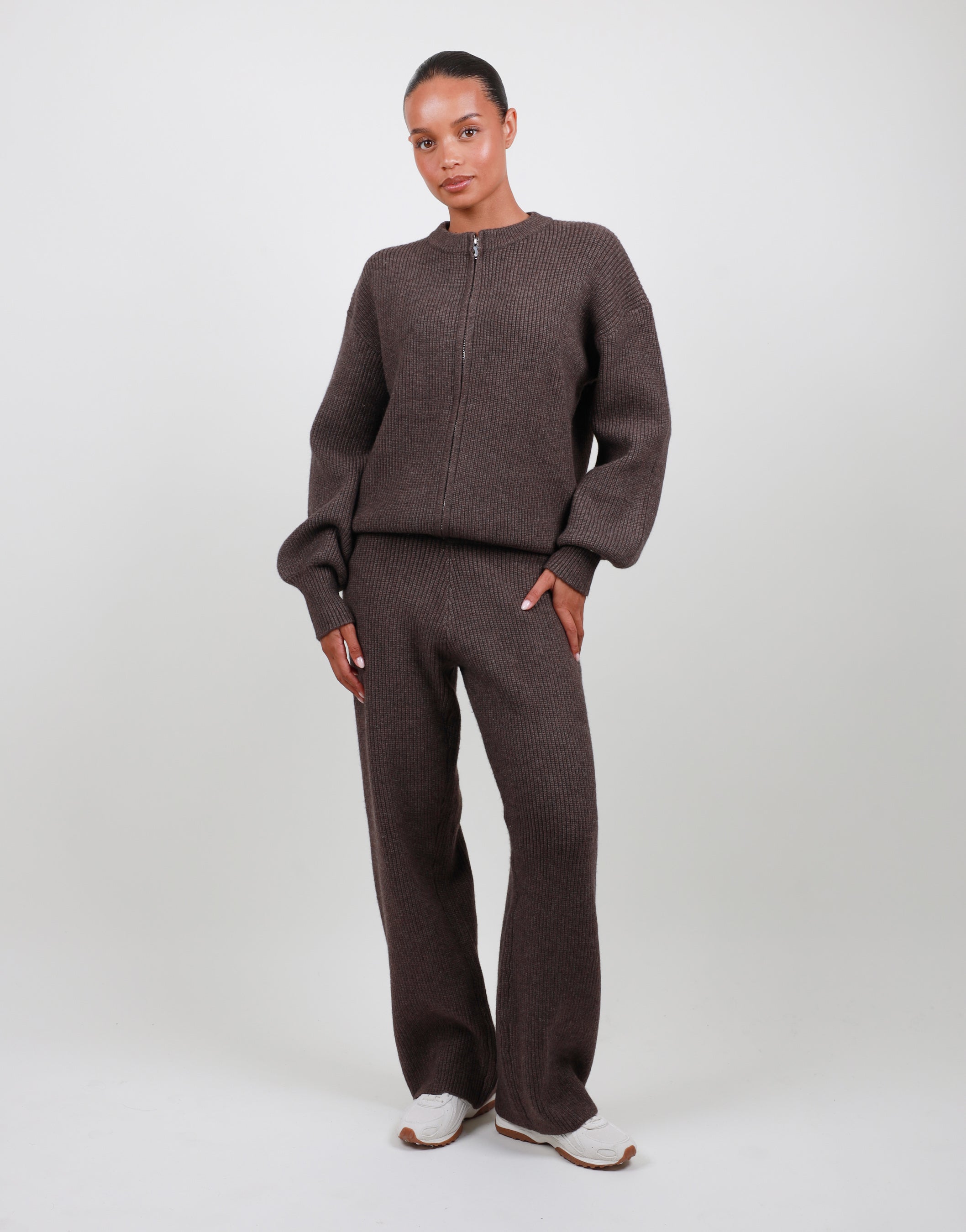 Lily Simmi Studios Petite Ribbed Knitted Trousers in light brown