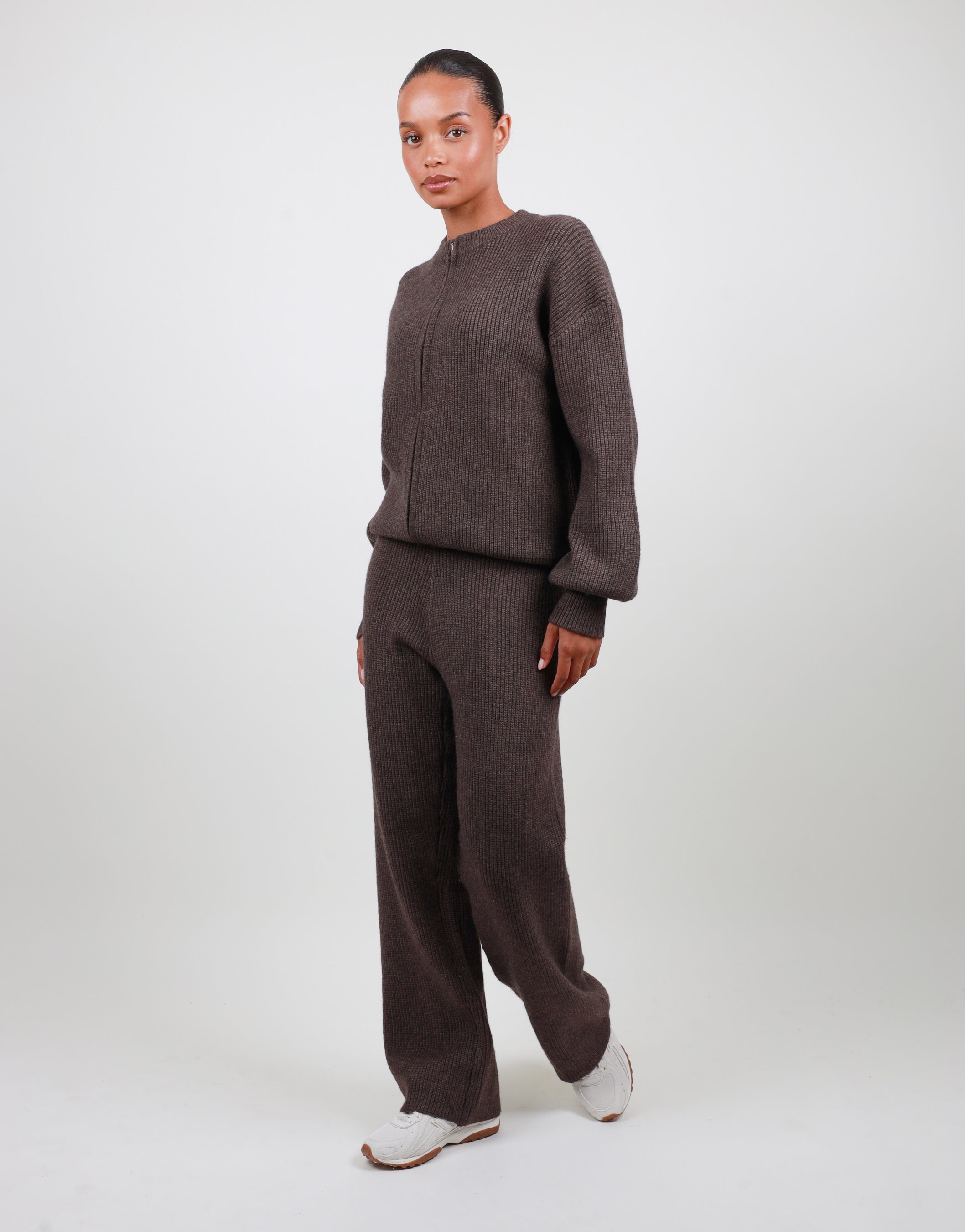 Lily Simmi Studios Petite Ribbed Knitted Trousers in light brown