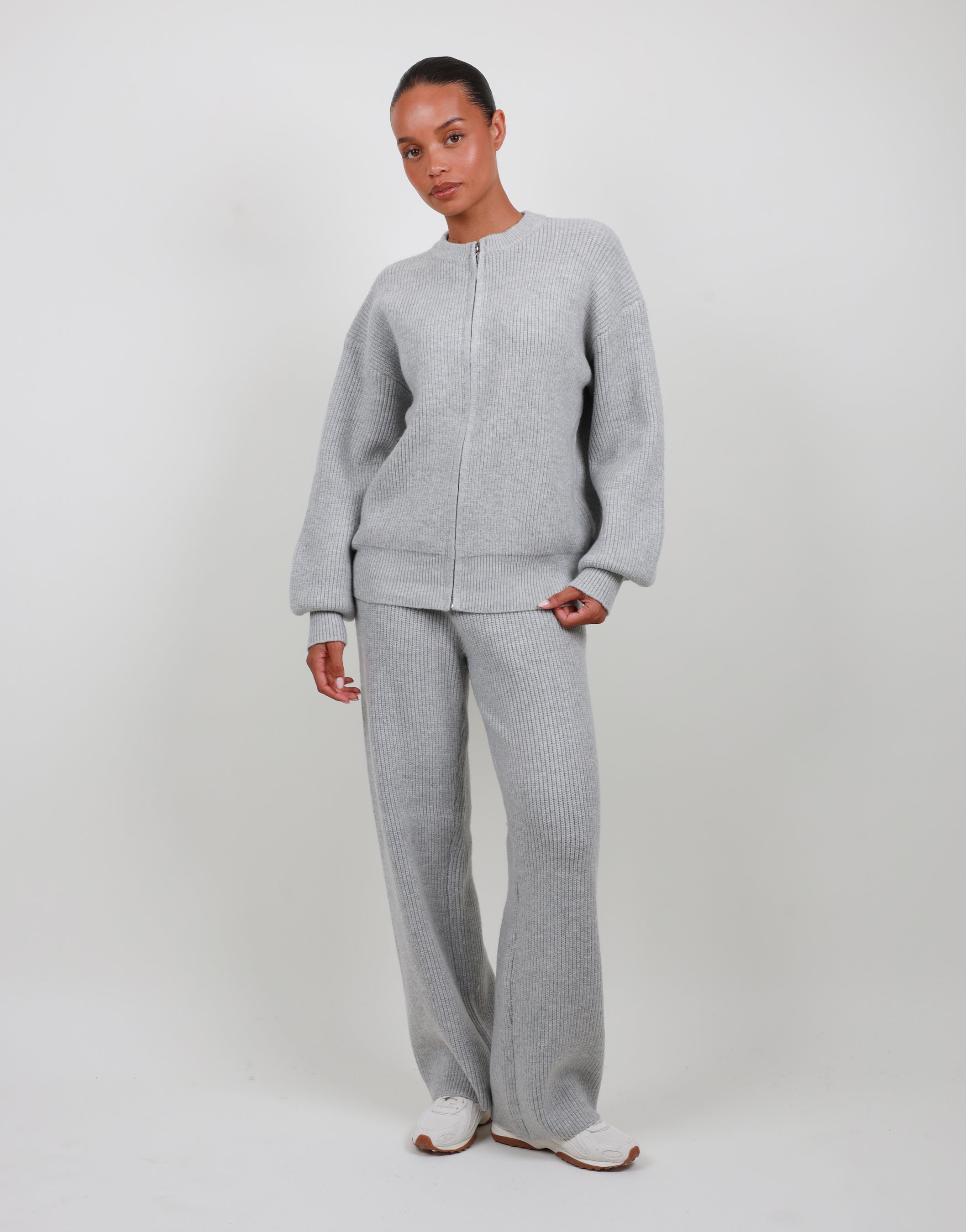 Lily Simmi Studios Petite Ribbed Knitted Trousers in grey marl