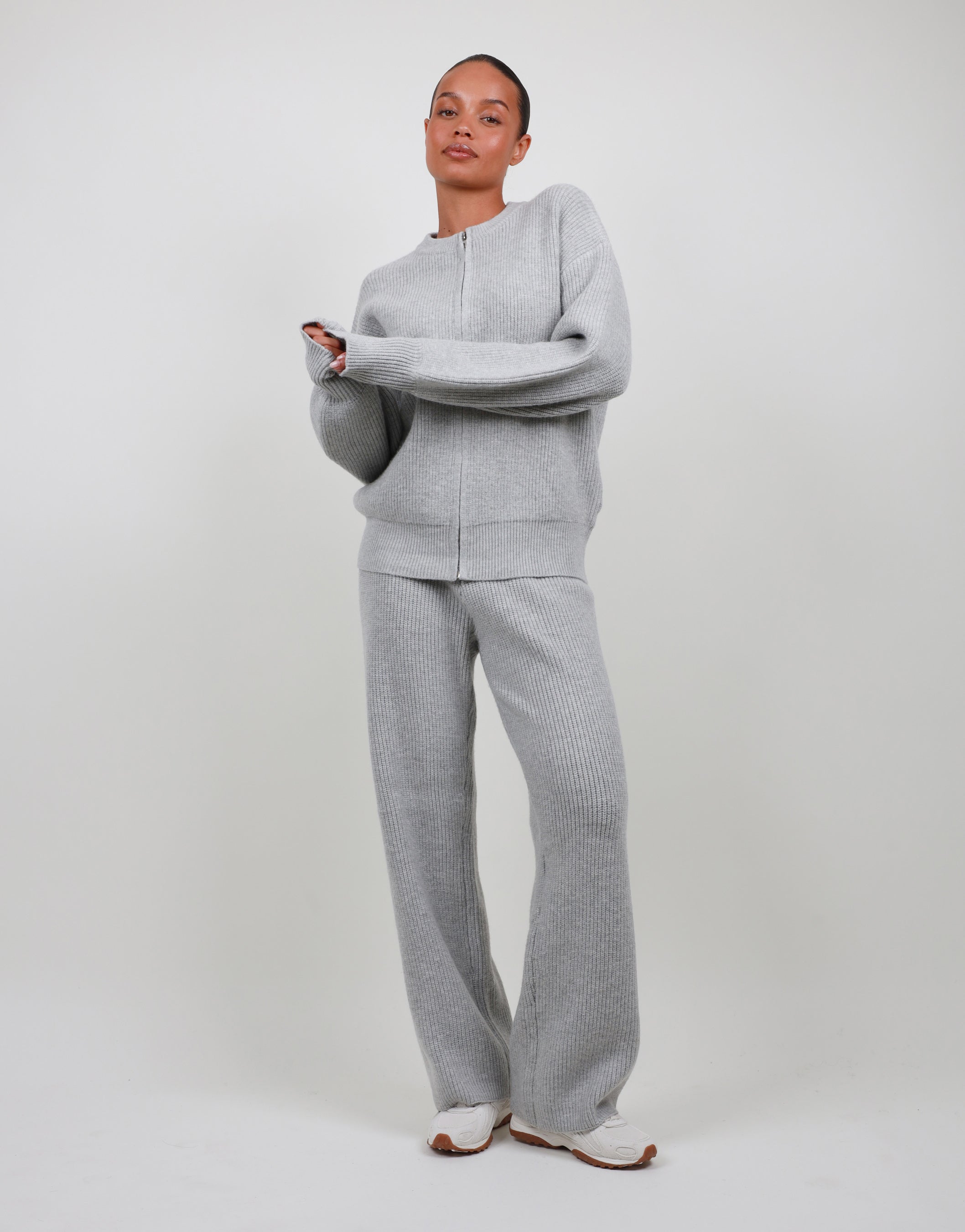 Petite Ribbed Knitted Trousers in grey marl | SIMMI London