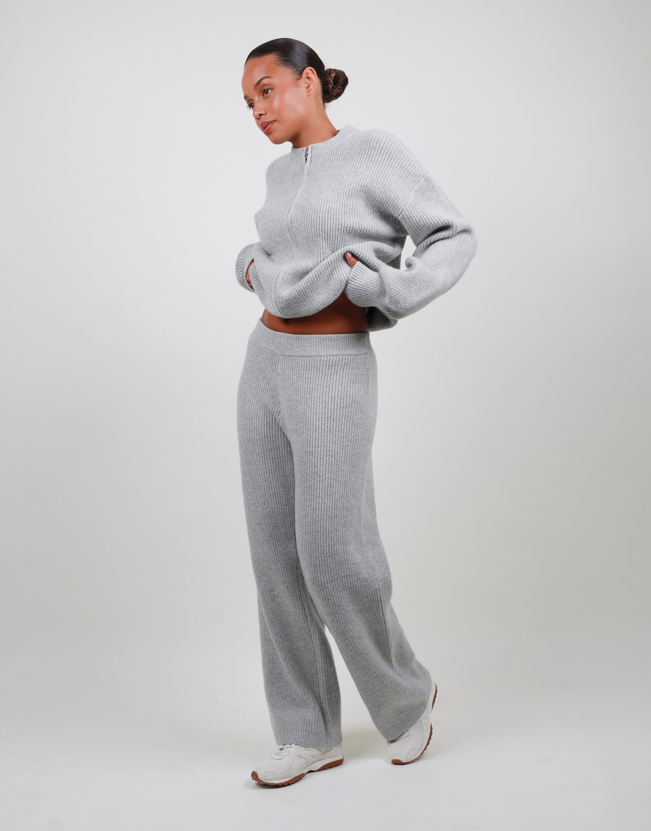 Petite Ribbed Knitted Trousers in grey marl | SIMMI London