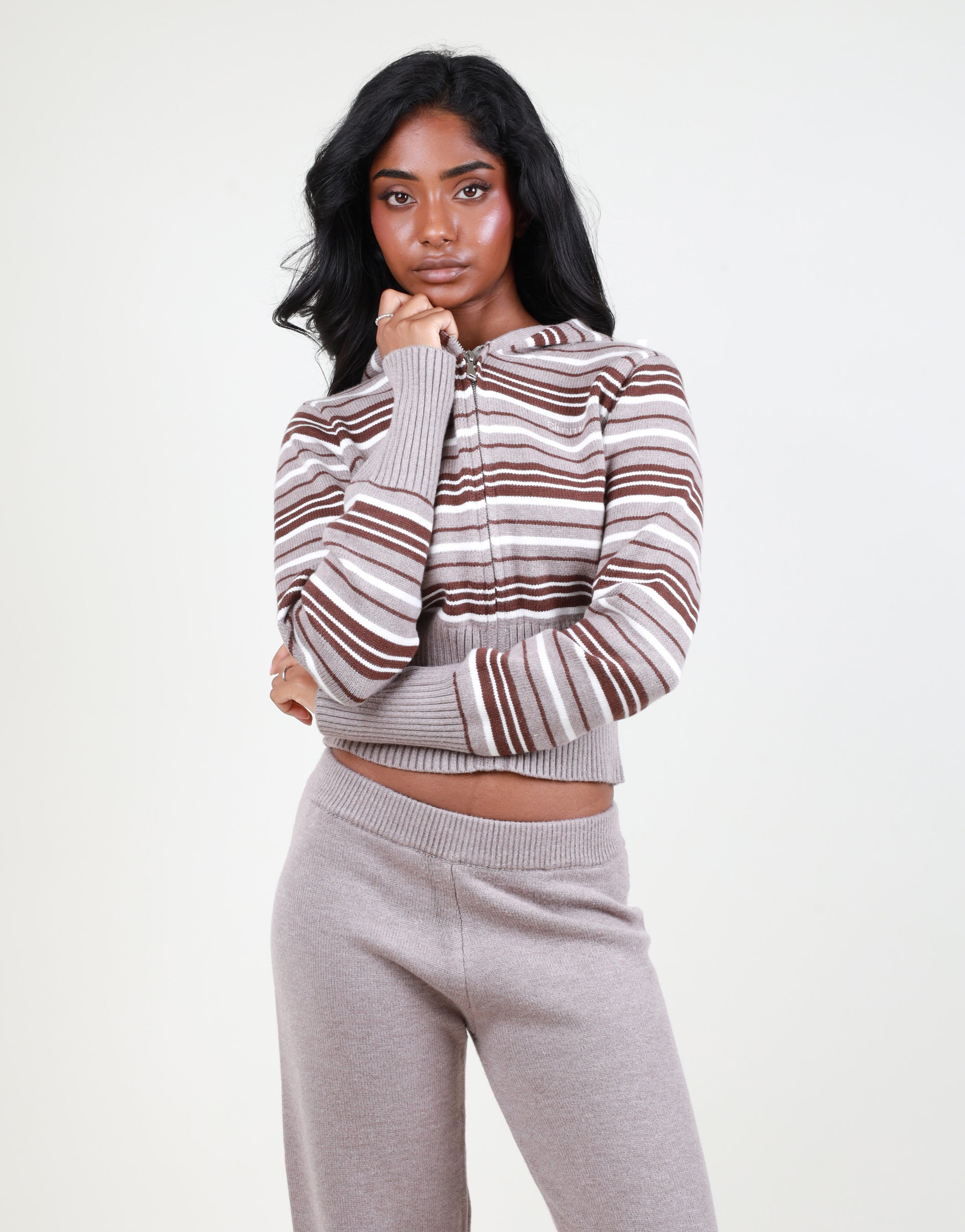 Sabine Stripe Zip Cropped Hoodie in brown