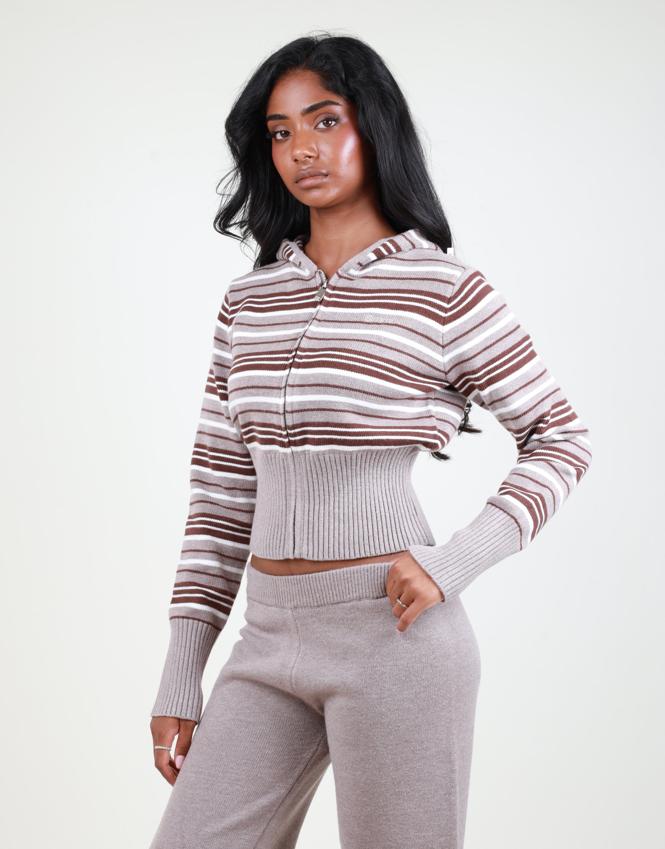 Sabine Stripe Zip Cropped Hoodie in brown | SIMMI London