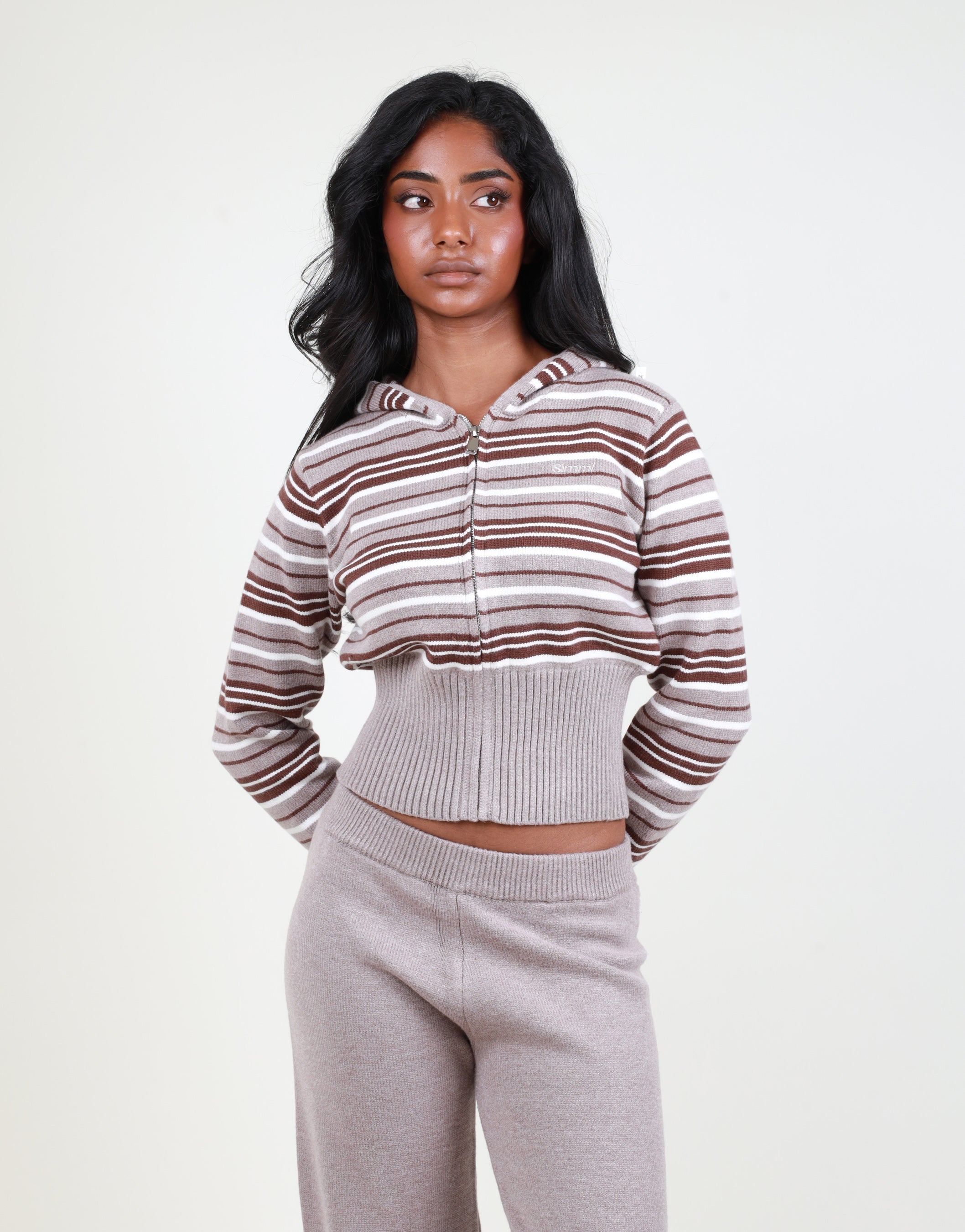 Sabine Stripe Zip Cropped Hoodie in brown | SIMMI London