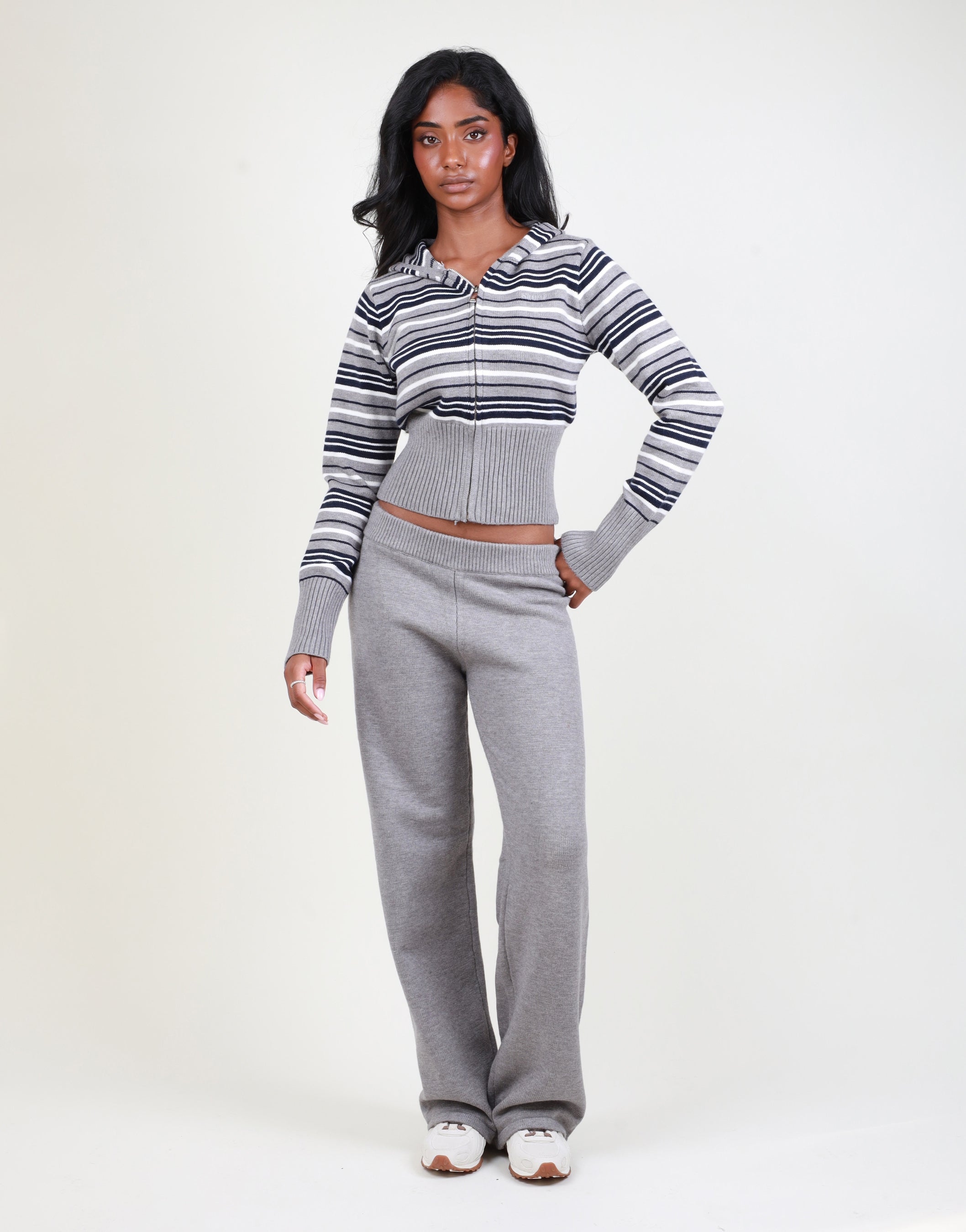 Sabine Stripe Zip Cropped Hoodie in grey | SIMMI London