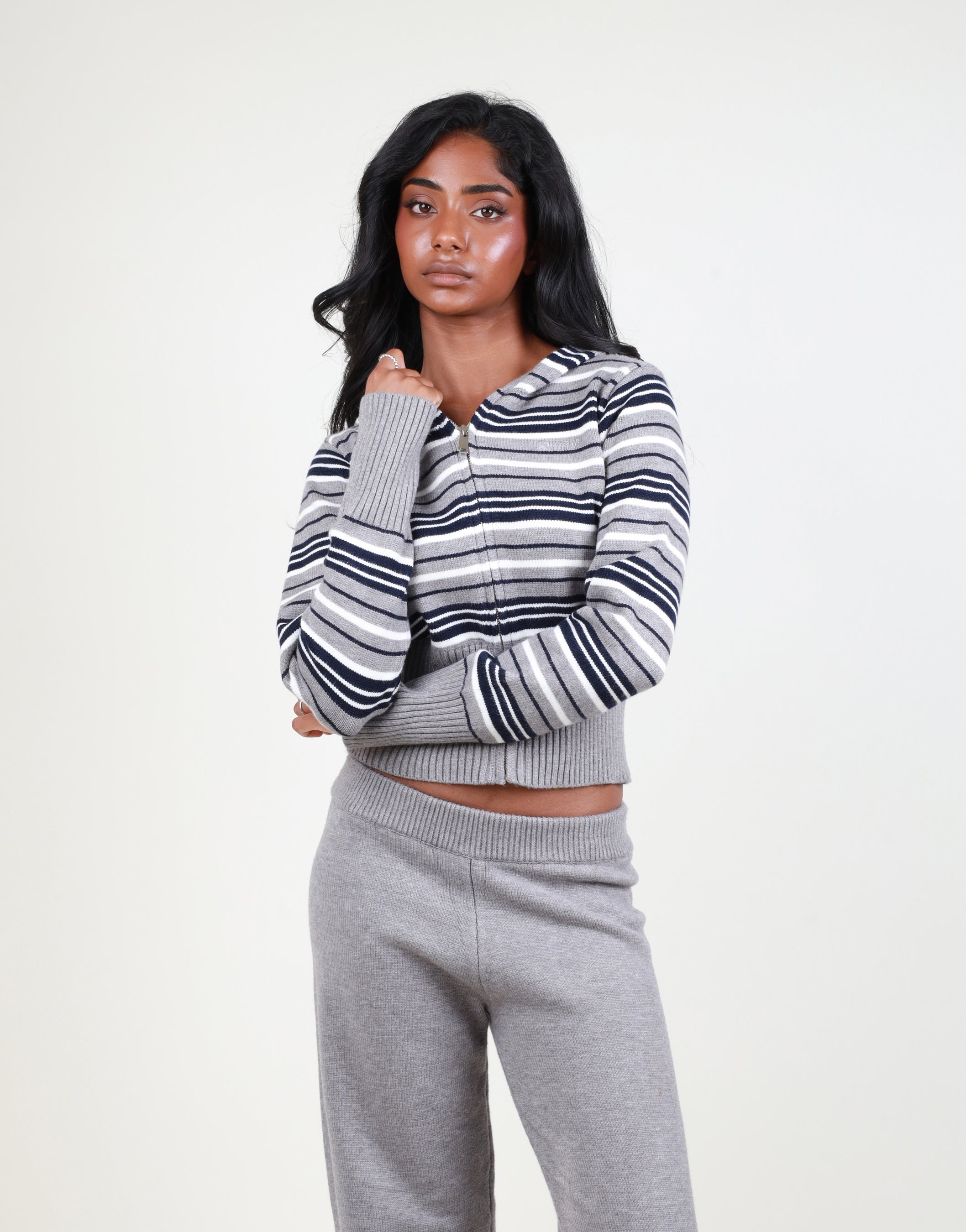 Sabine Stripe Zip Cropped Hoodie in grey | SIMMI London
