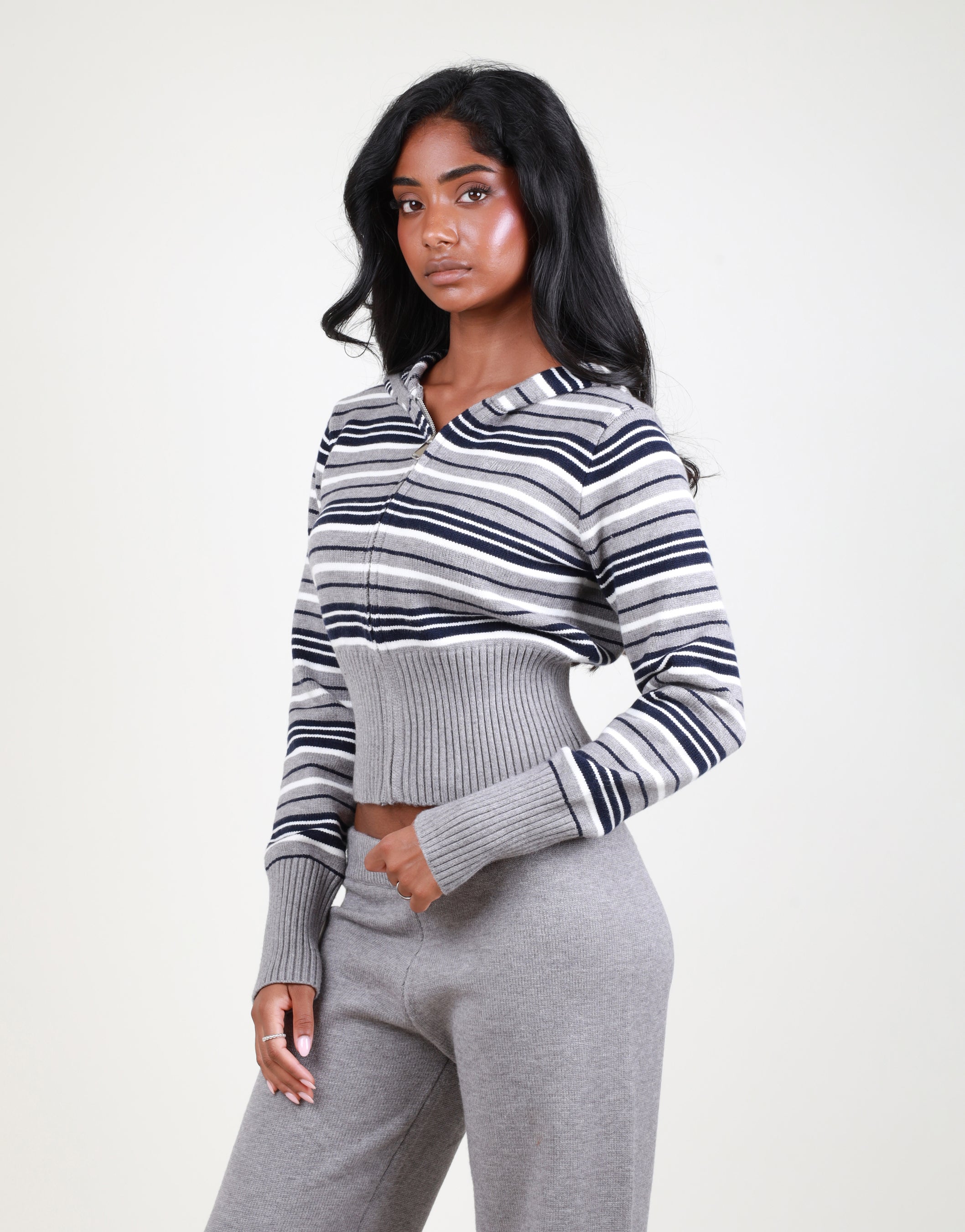Sabine Stripe Zip Cropped Hoodie in grey | SIMMI London