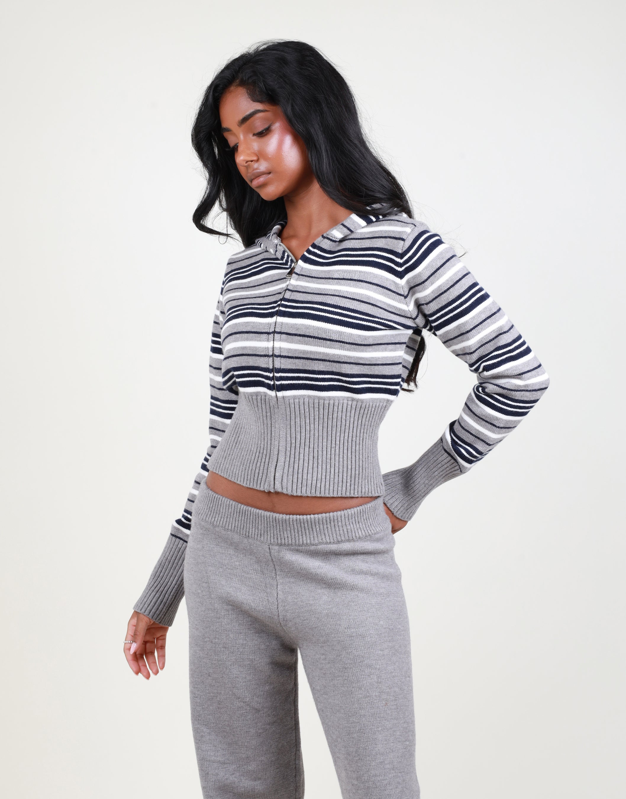 Sabine Stripe Zip Cropped Hoodie in grey | SIMMI London