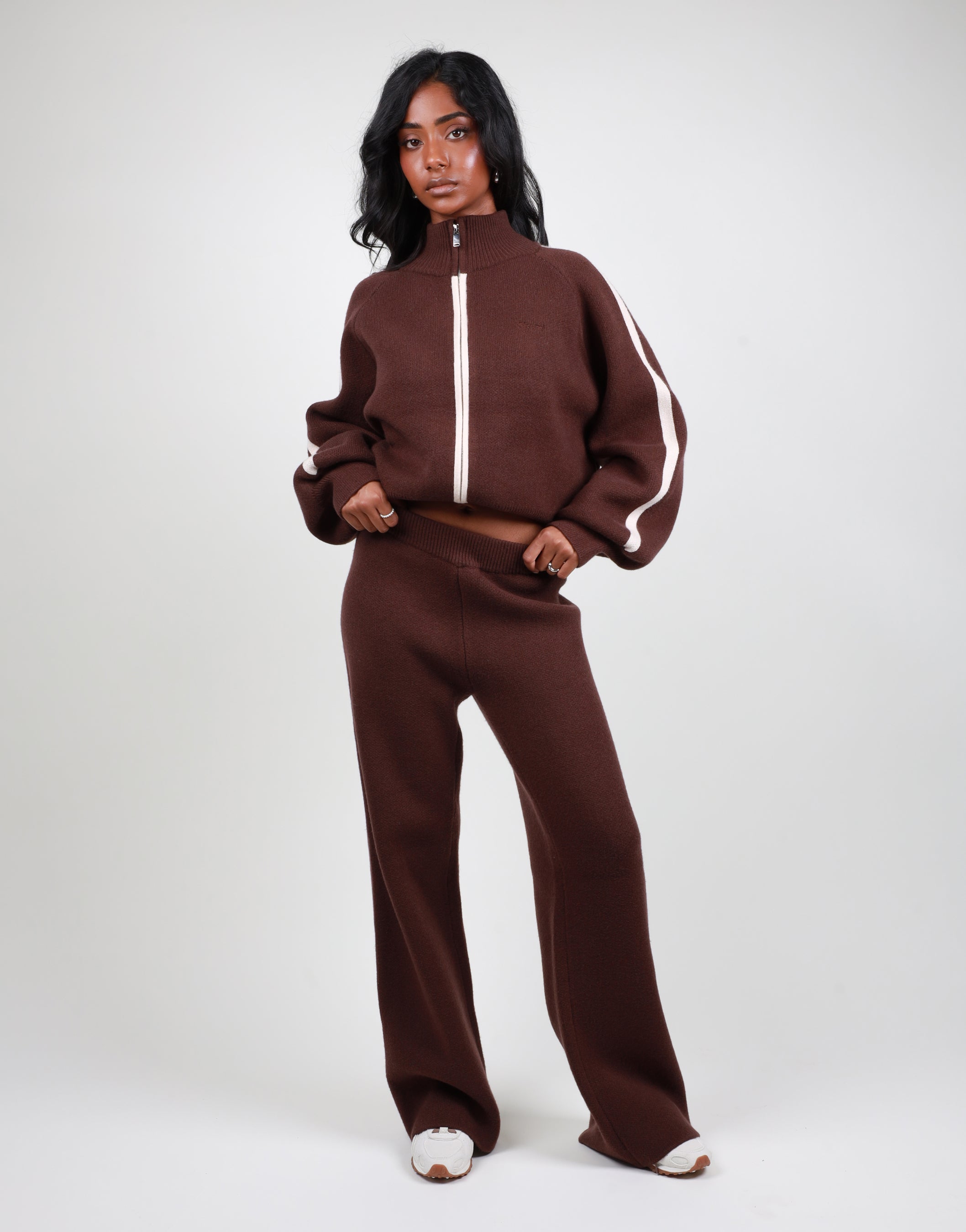 Juliette Stripe jacquard knit high neck zip through in brown | SIMMI London