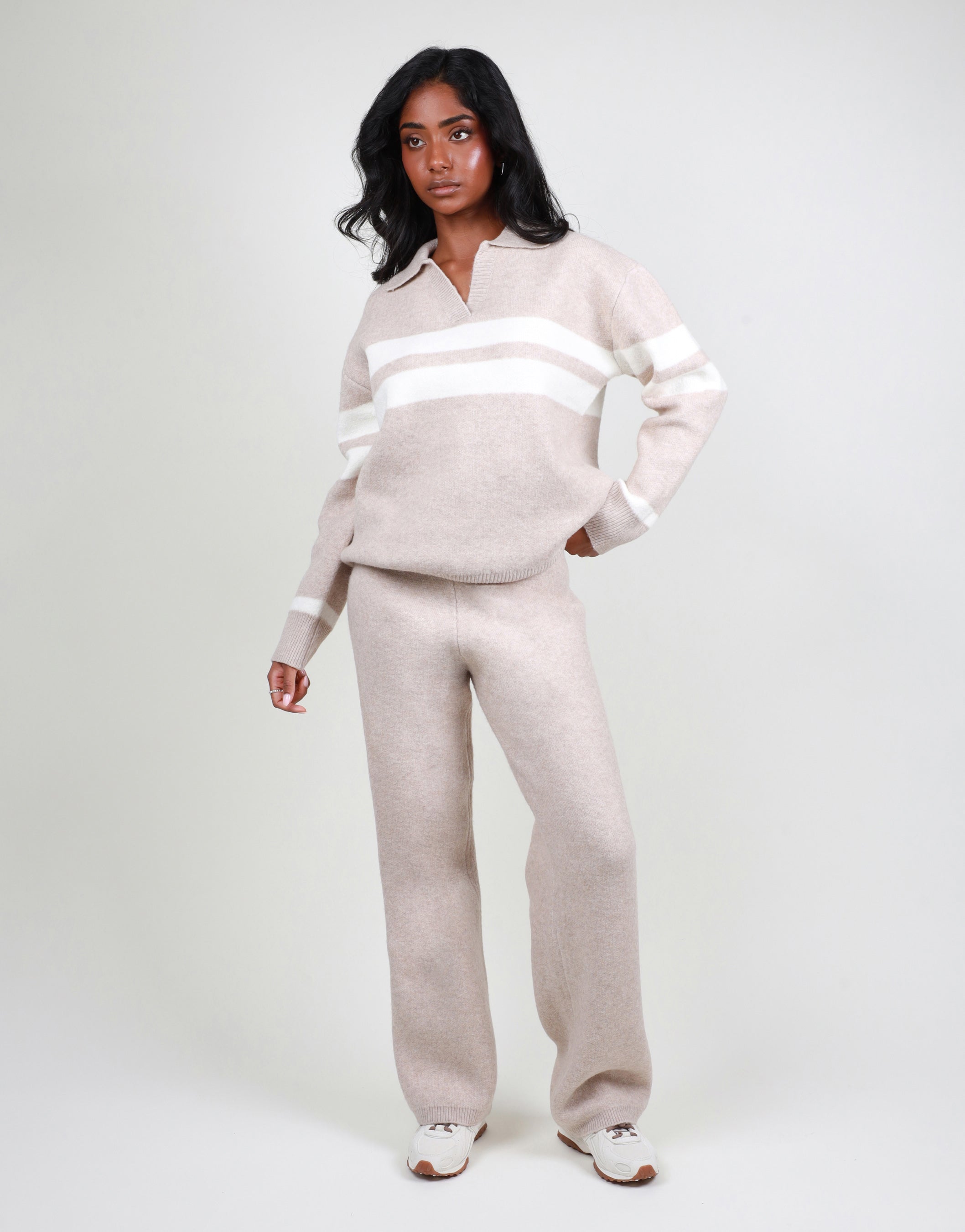 Soft Knit Collar Stripe Jumper in oatmeal | SIMMI London