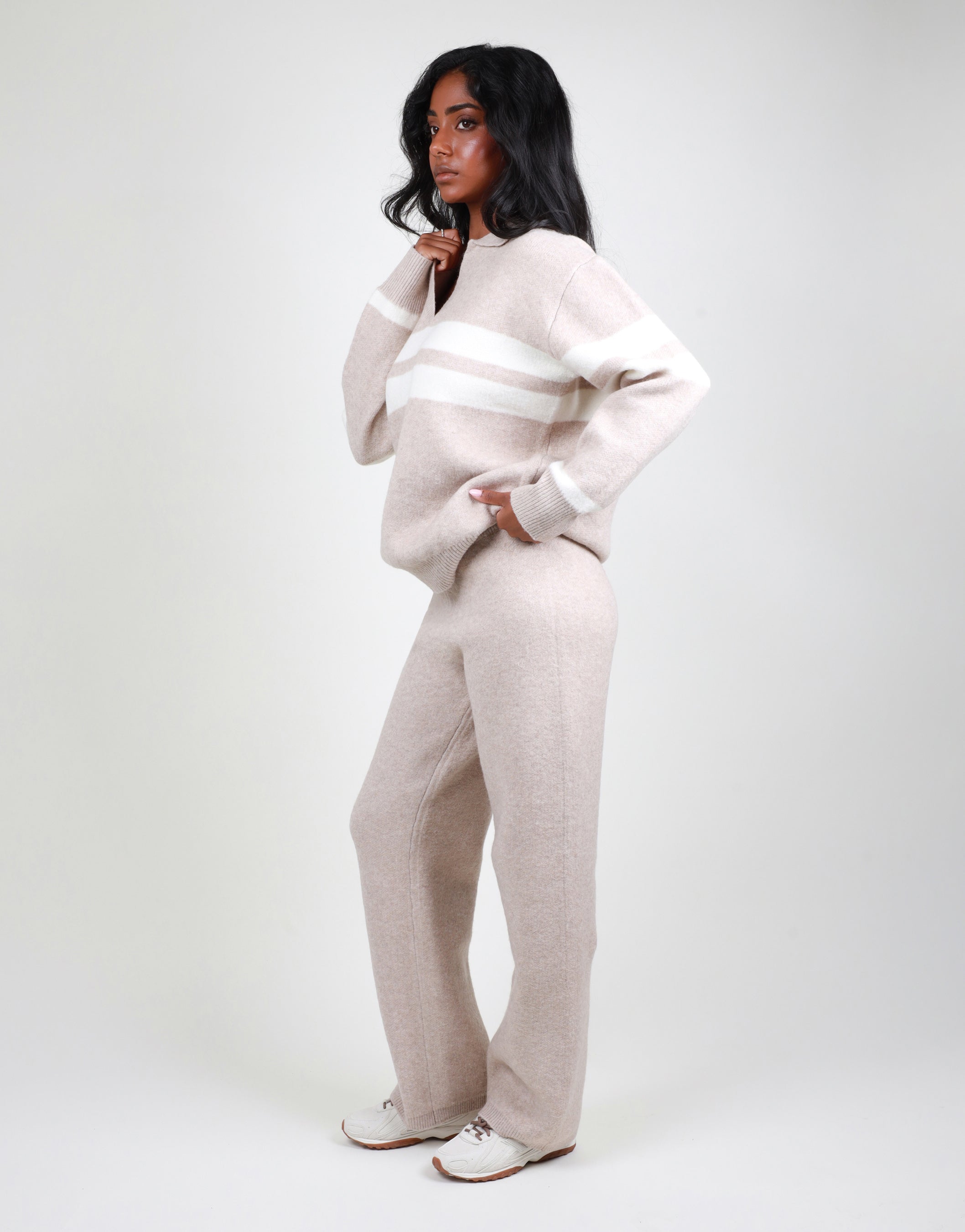 Soft Flared Knit trouser in oatmeal | SIMMI London