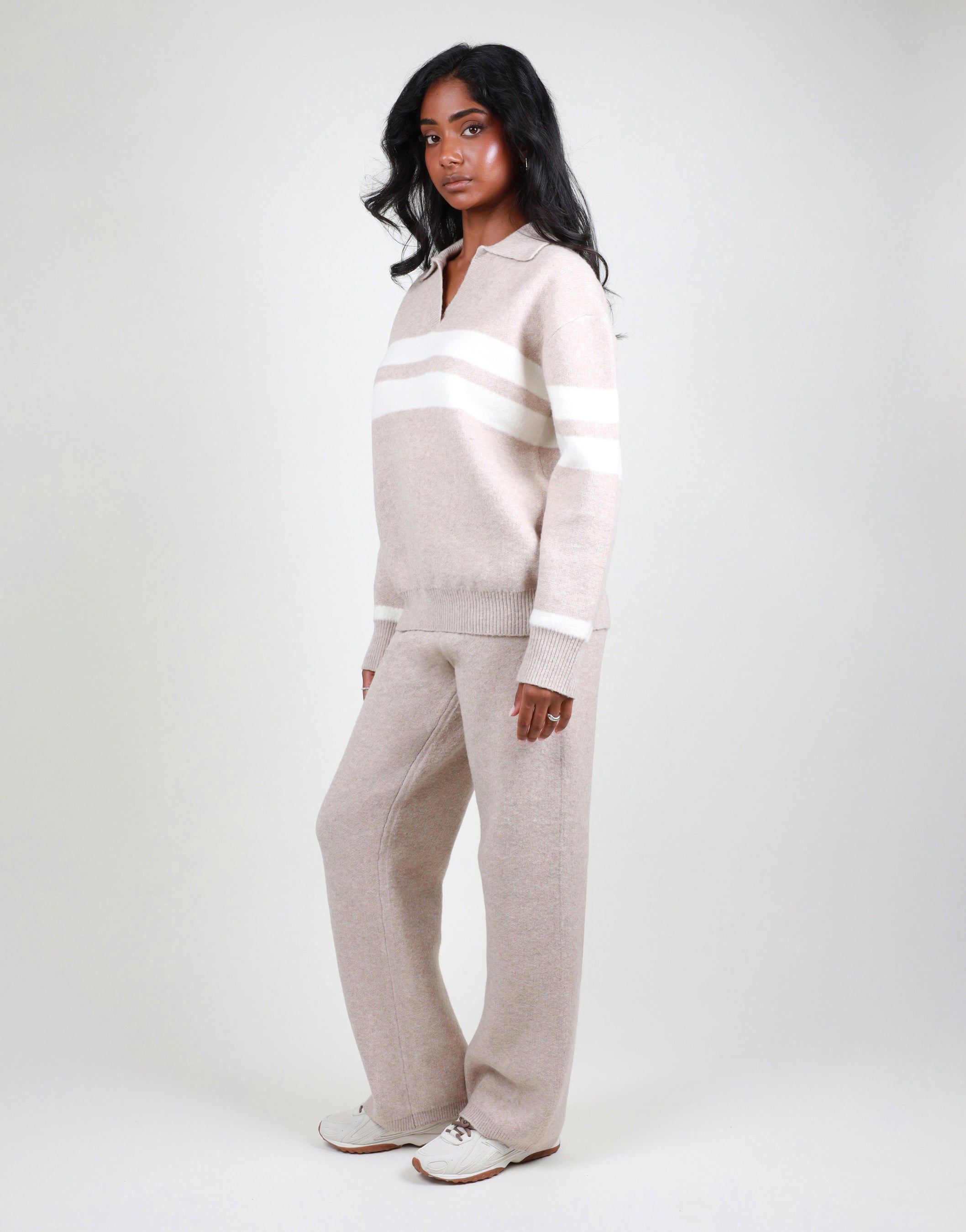 Soft Knit Collar Stripe Jumper in oatmeal | SIMMI London